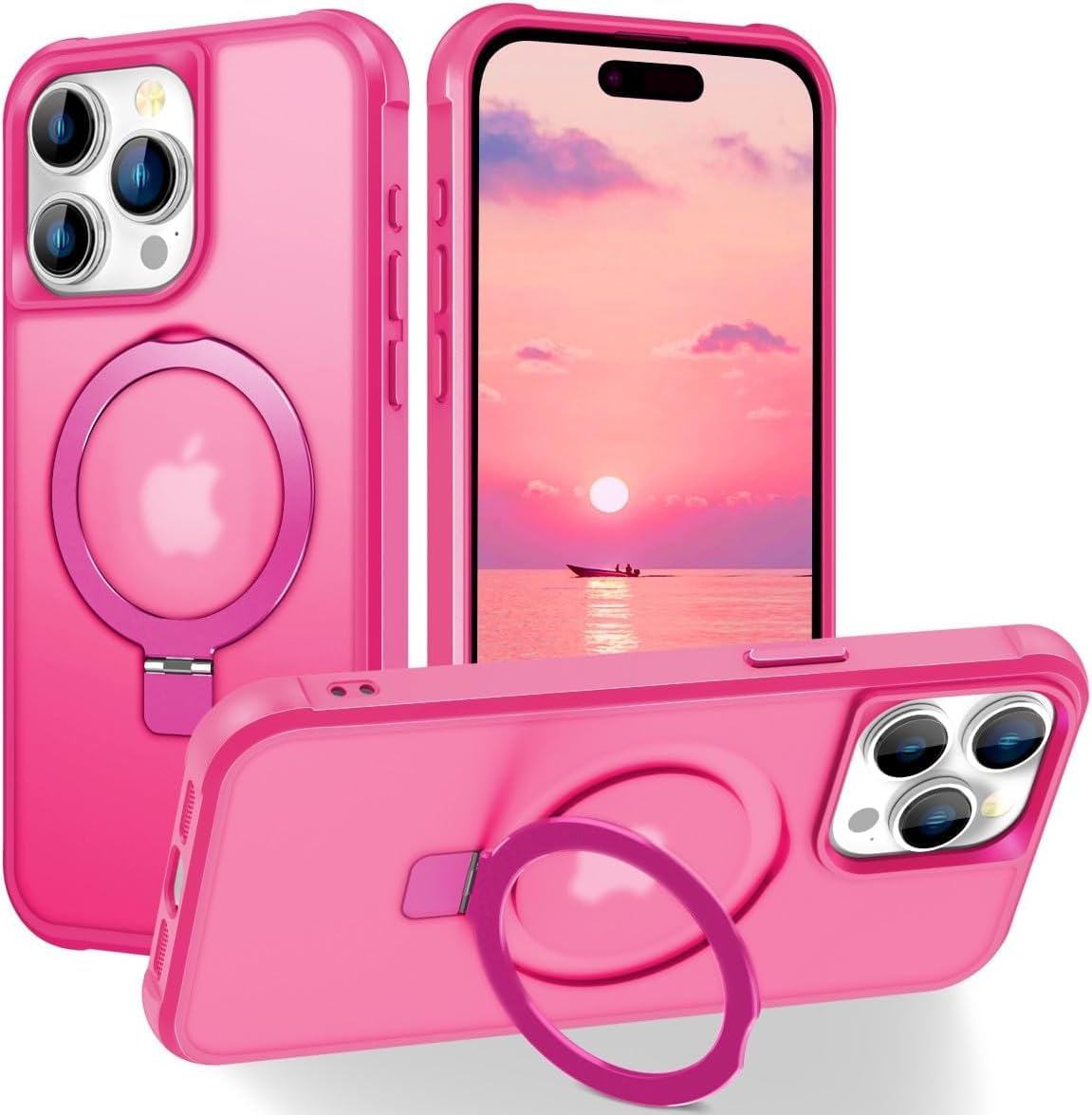 Magnetic Compatible with iPhone 15 Pro Case with Stand [Military Grade Drop Tested][Compatible with Magnet] Ring Translucent Slim Hard Back Soft Edge, Rose Red