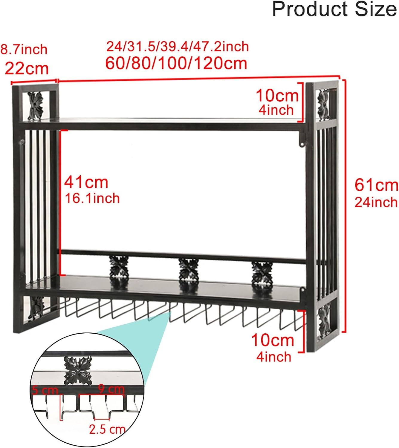 Wall Mounted Wine Rack with Glass Holder, Bottle Rack Wine Bottle Rack, Rustic Wine Bottle Rack, Metal Wine Rack, Wine Rack for Home, Restaurant, Bar (