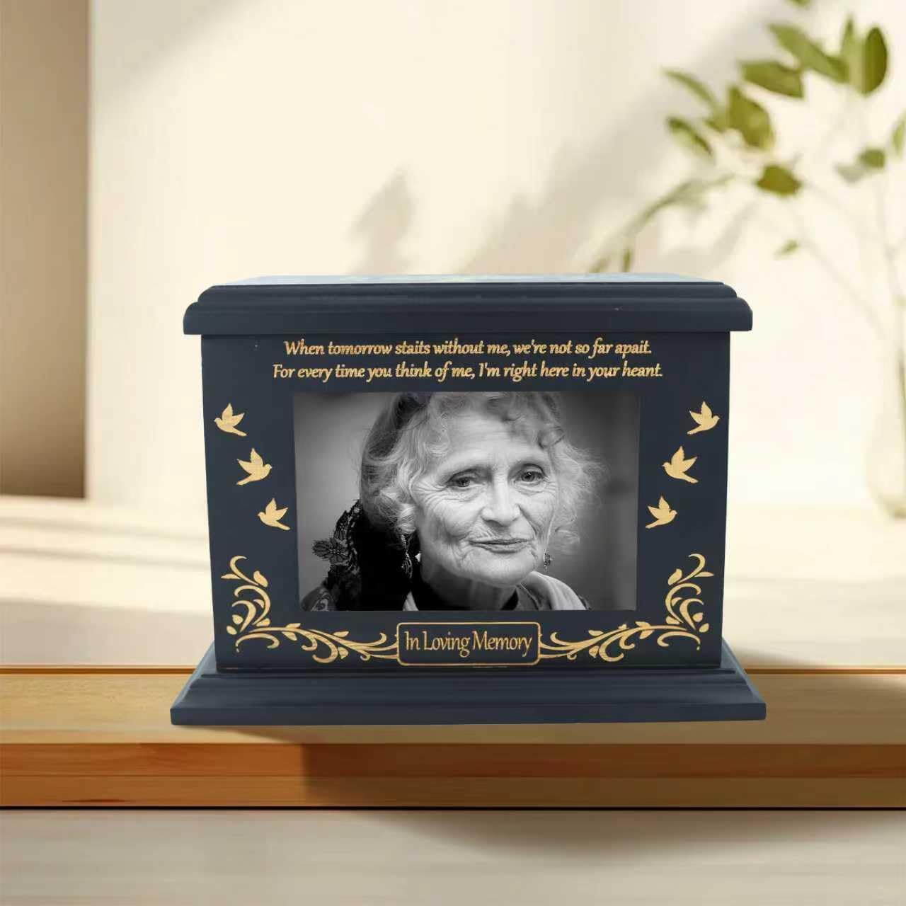 Cremation Urns for Human with Photo Frame, Urn for Ashes for Women, Wooden Urn for Ashes Adult Male, Keepsake Box Casket for Humans up to 260 lbs (Black, L, Tree of Life)