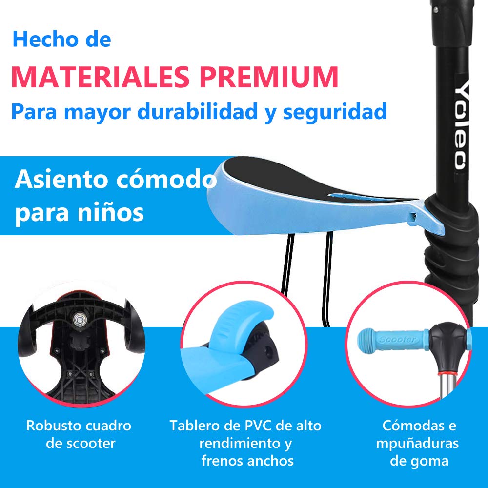 YOLEO Patinete para Niños 3-en-1, Scooter 3 Ruedas LED Parpadeantes, Scooter para Niños con Manillar Ajustable Asiento Extraíble de 2 a 8 años, Carga Máxima de 50 kg (Azul)