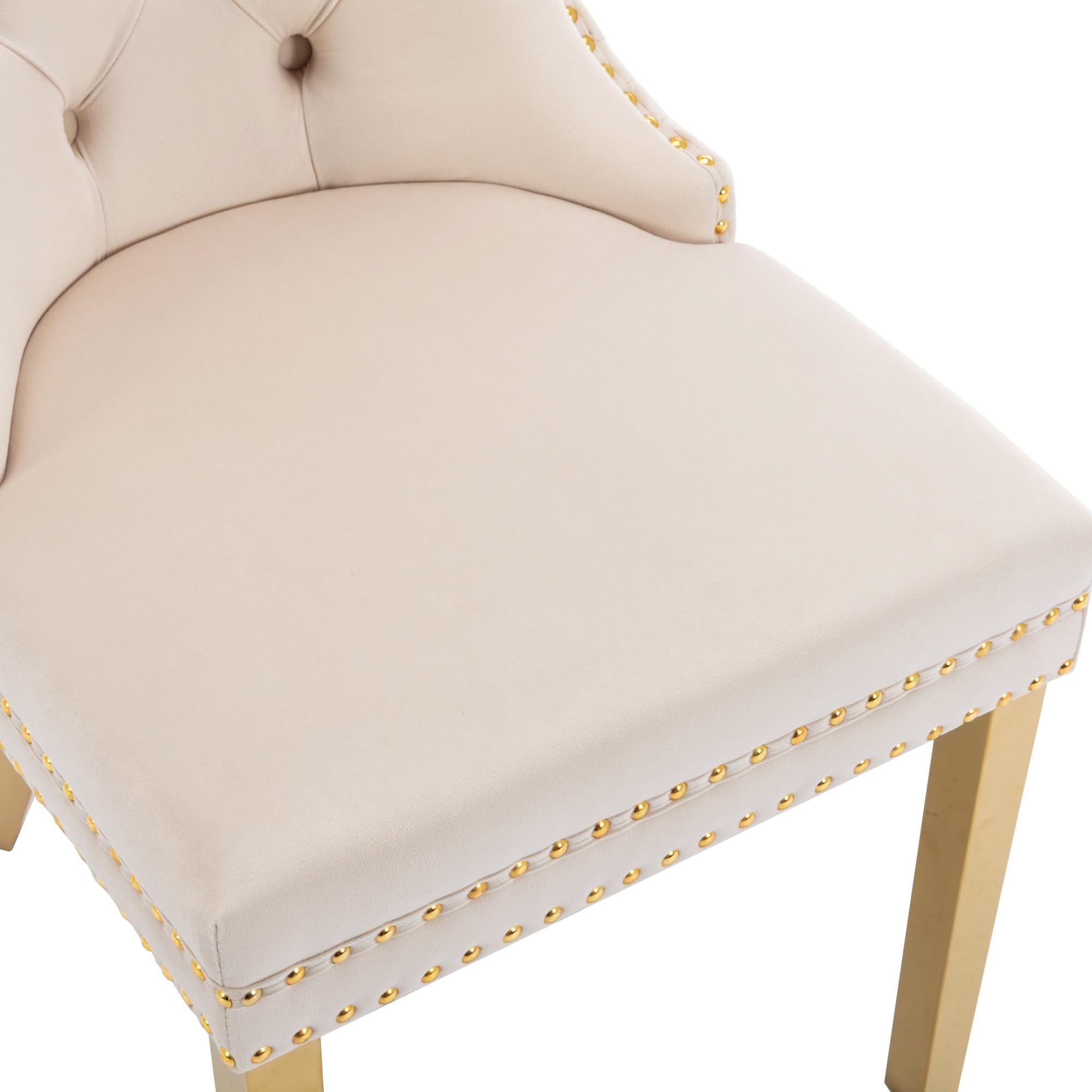 Esszimmerstuhl Beige (Küchenstuhl Wohnzimmerstuhl mit einzigartigem Runde Zugringe auf der Rückseite, 2 STS), Polsterstuhl mit Nagelkopfbesatz,Stützbeine aus vergoldetem Edelstahl, Samt