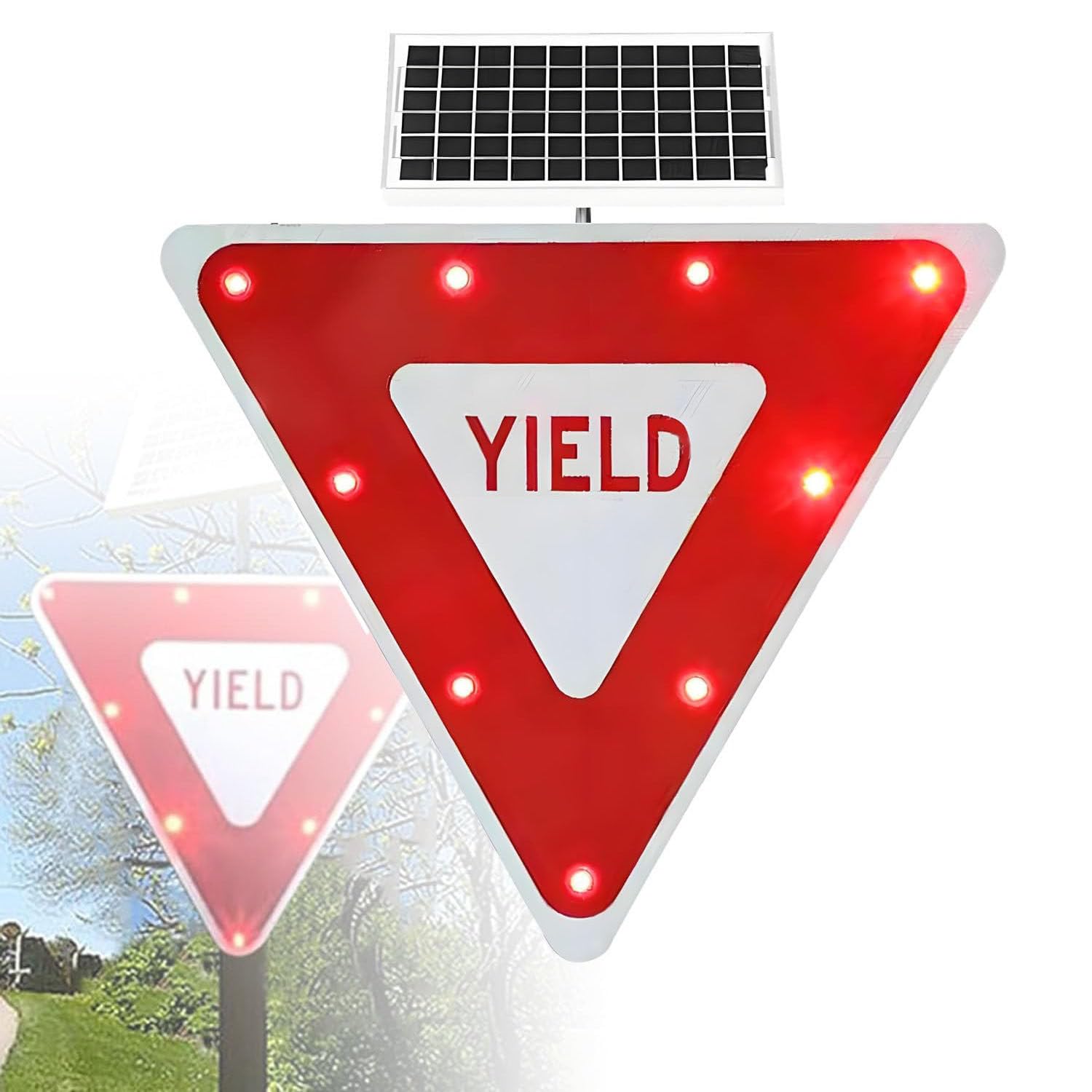 ROEFETY Powered Led Blinking Yield Sign,Solar Yield Sign with LED Flashing Lights,IP65 Waterproof with Mounting Accessories Engineer Grade Reflective,Upgraded Solar Warning LED Yield Sign 1piece