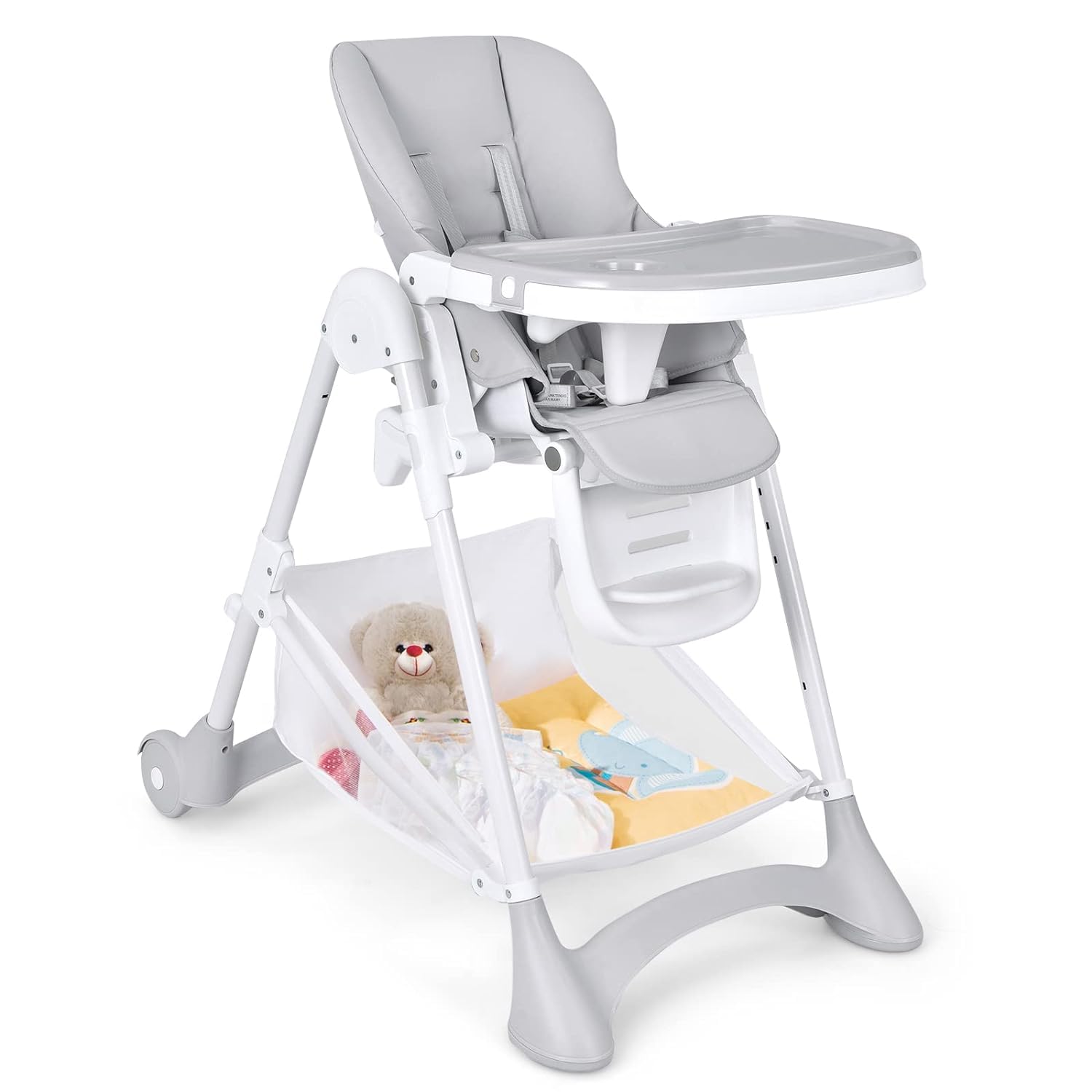 GOPLUS Trona Evolutiva Plegable Bebe para 6-36 Meses Hasta 15 kg, Silla Comer Portatil, 6 Niveles de Altura, 3 Ajustes de Reposapiés,5 Inclinaciones de Respaldo,Funda de PU, Cesta de Juguetes (Gris)