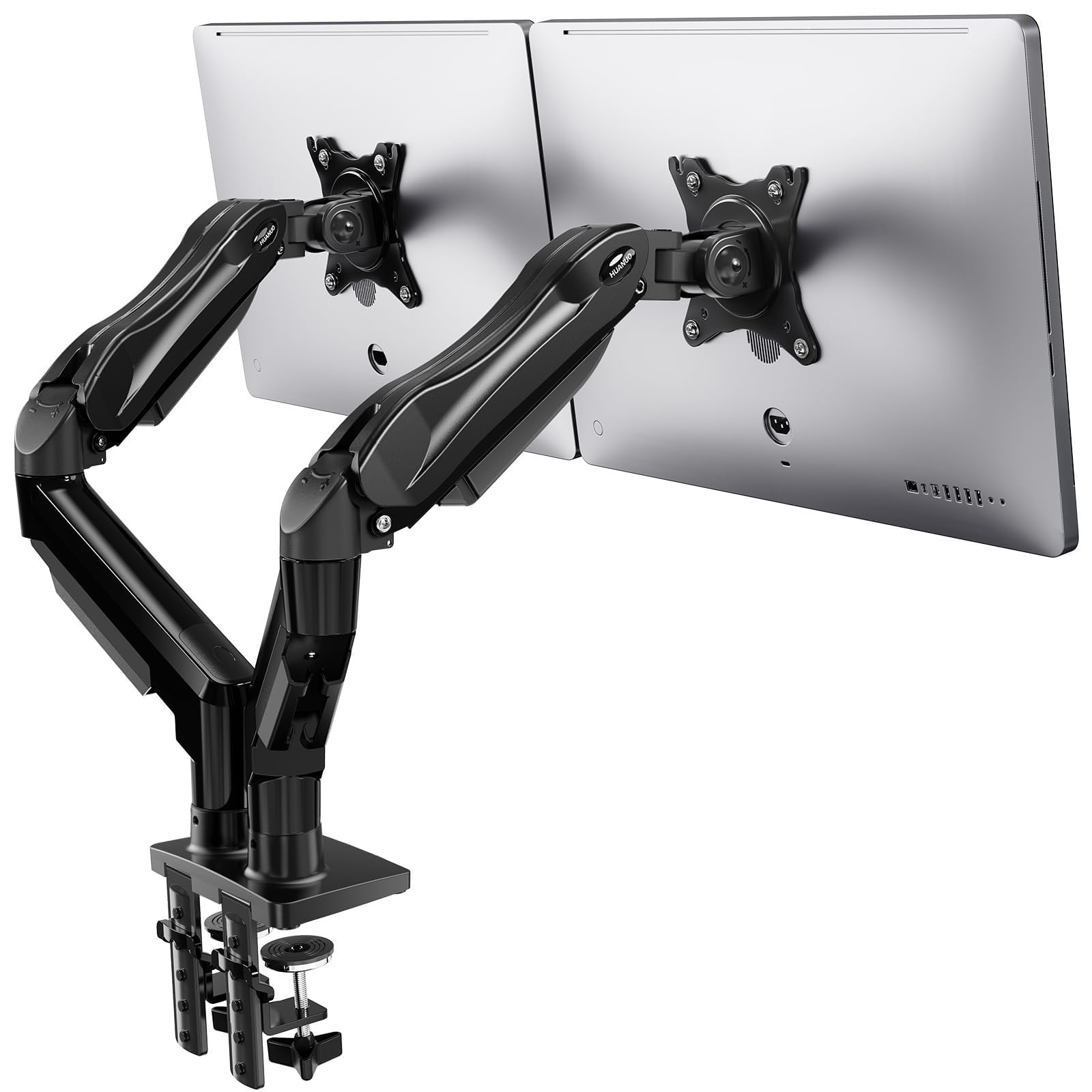 HUANUO Soporte Monitor Doble, Brazo Monitor de Escritorio para Pantallas de 13 a 32 Pulgadas, Ajuste de Altura con Inclinación, Giratorio, Rotar, VESA 75 & 100 mm, Carga Máxima 9kg