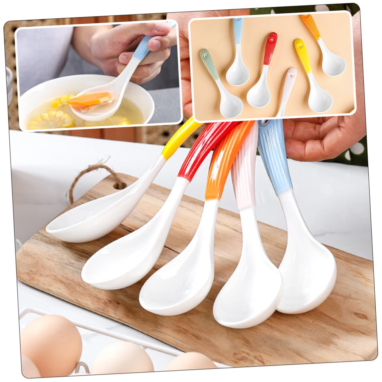6 Cucharas Soperas de Cerámica Reutilizables, Mango Cómodo, Uso Múltiple, para Restaurantes y Catering, Vajilla de Cocina