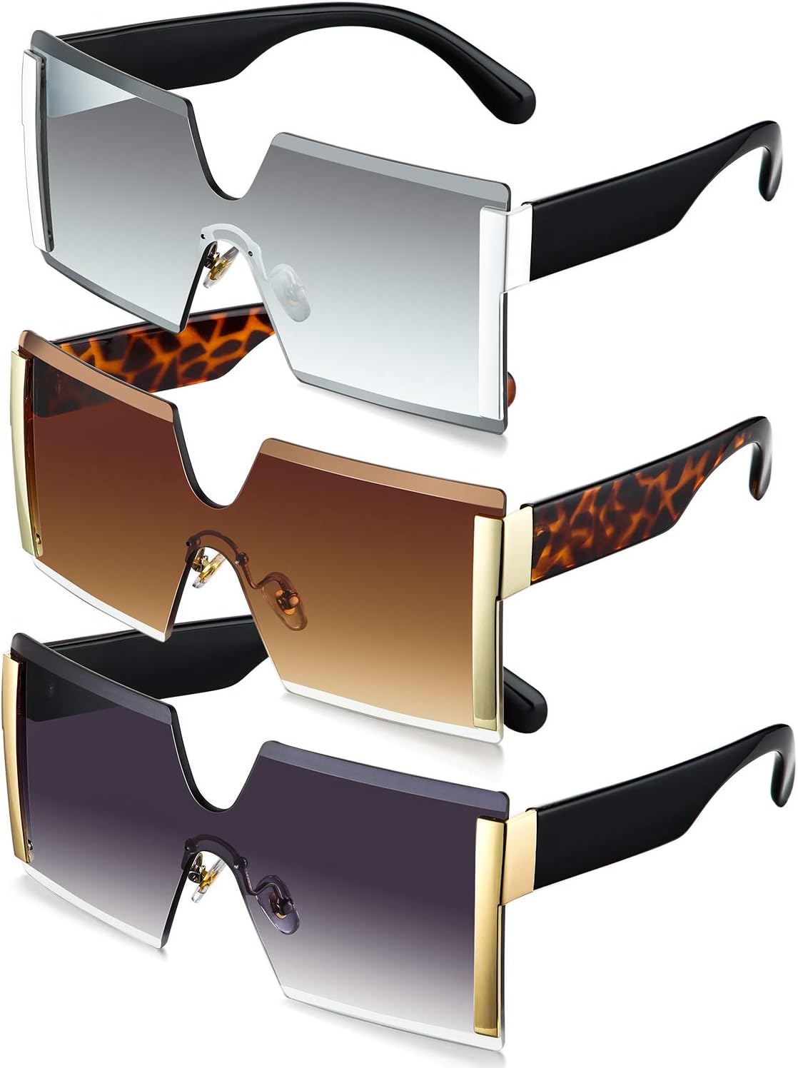3 Pieces Oversized Square Sunglasses for Women Trendy Fashion Rimless Frame Glasses Transparent Eyewear (Gray, Silver, Brown)