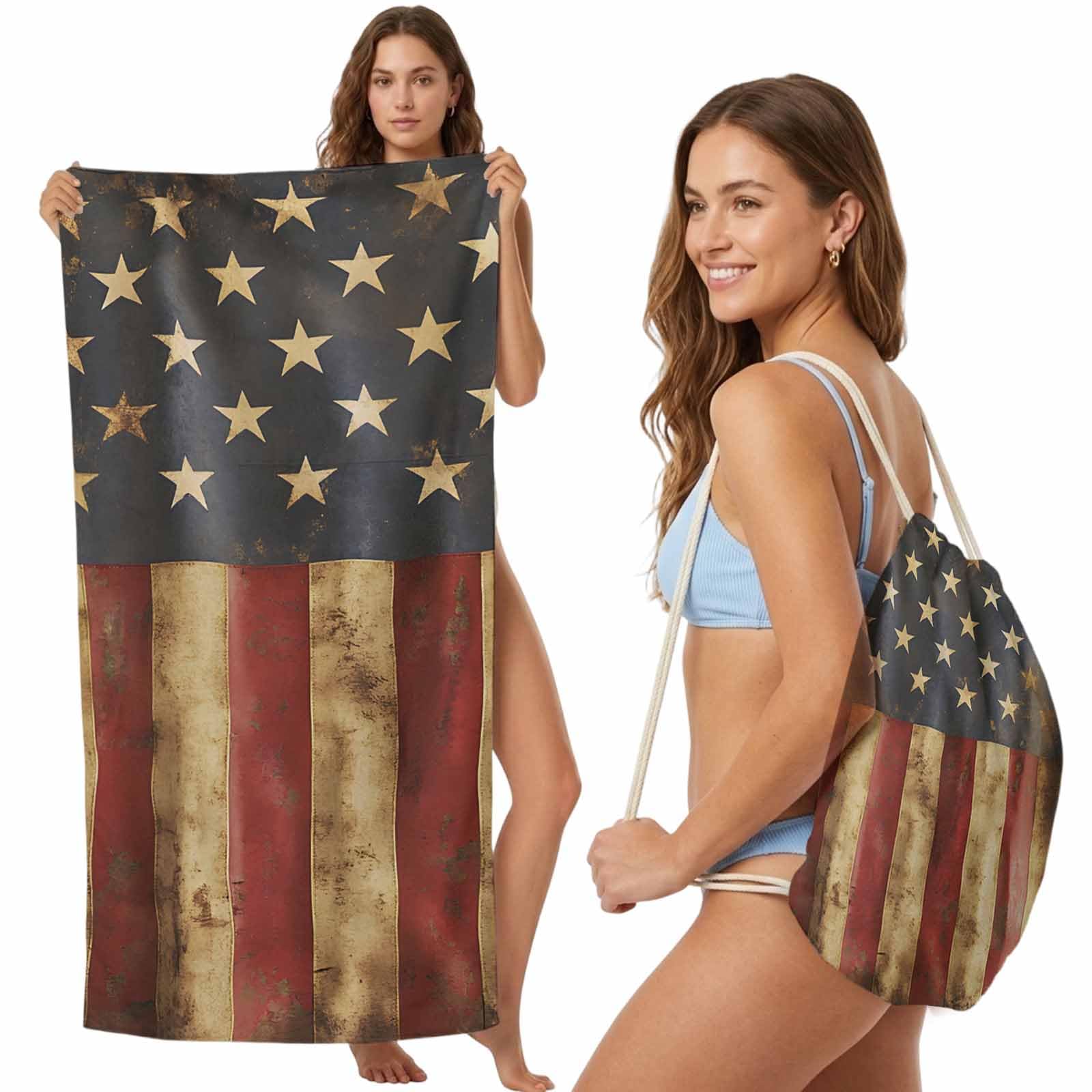 FWJZDSP 4th of July Beach Towel Bag 2 in 1 Retro USA Flag Bath Pool Towels Backpack Patriotic American Flag Absorbent Beach Towel Soft Quick Dry Towels Drawstring Bag for Travel Camping Sports Picnic