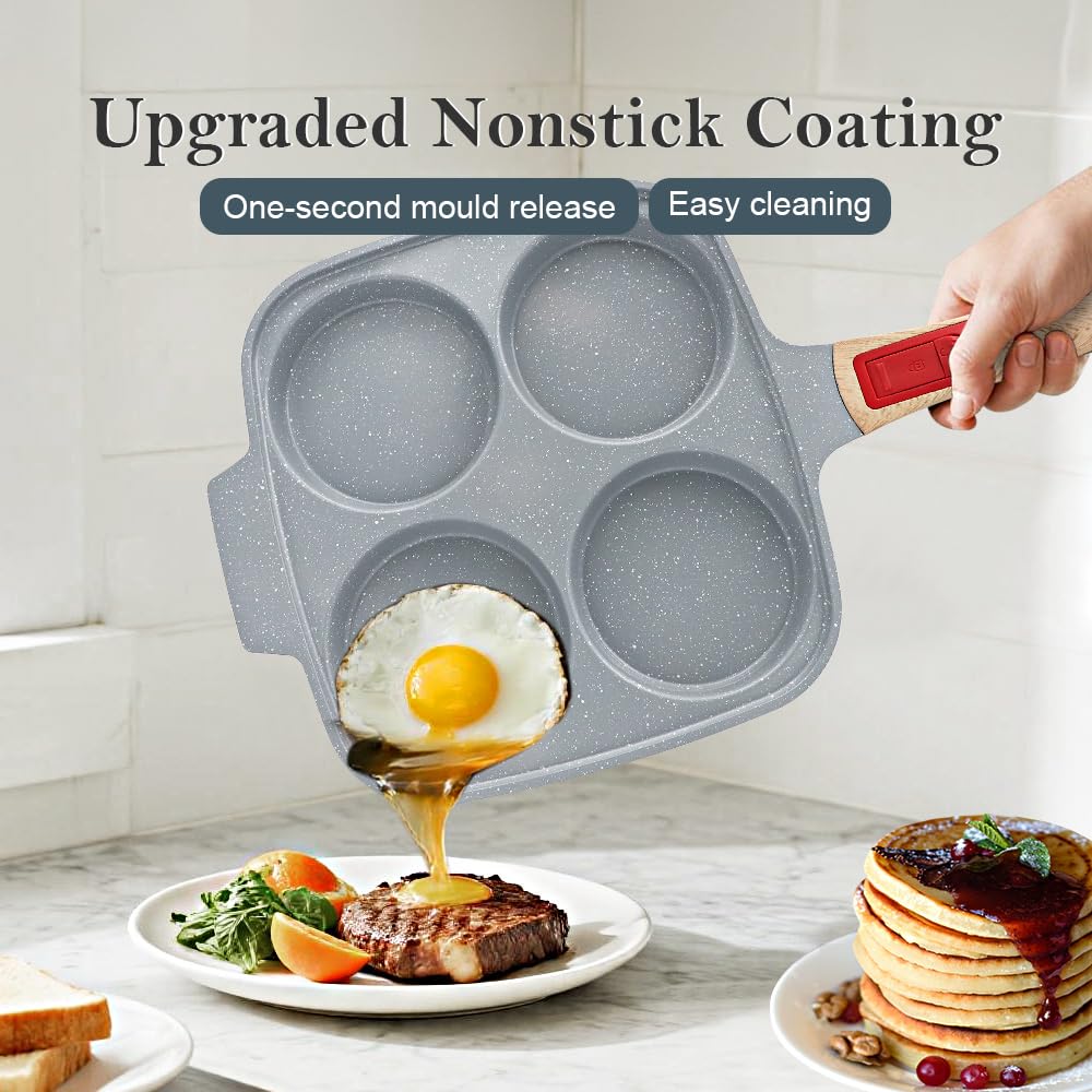 Grande Poêle à Pancakes 4 Cavités en Céramique 26 x 24 cm avec Couvercle | Grande poêle à 4 cavités pour œufs, pancakes et burgers, avec couvercle et revêtement antiadhésif.