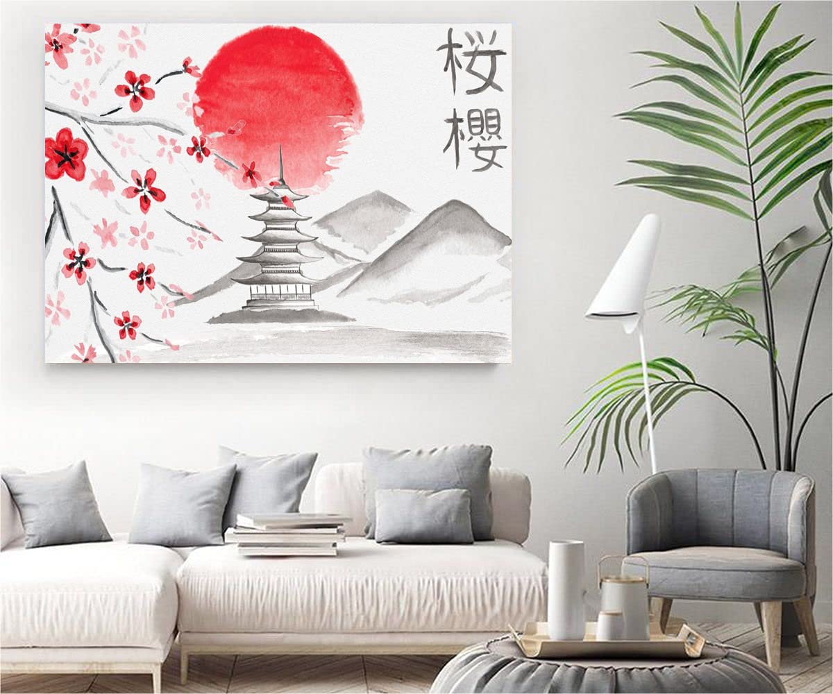 XtremeSkins Wooden Framed Canvas - Wall Decor for Living Room, Bedroom, Office, Hotels, Drawing Room (34in X 22in) - Sakura Japanese Ink Creator
