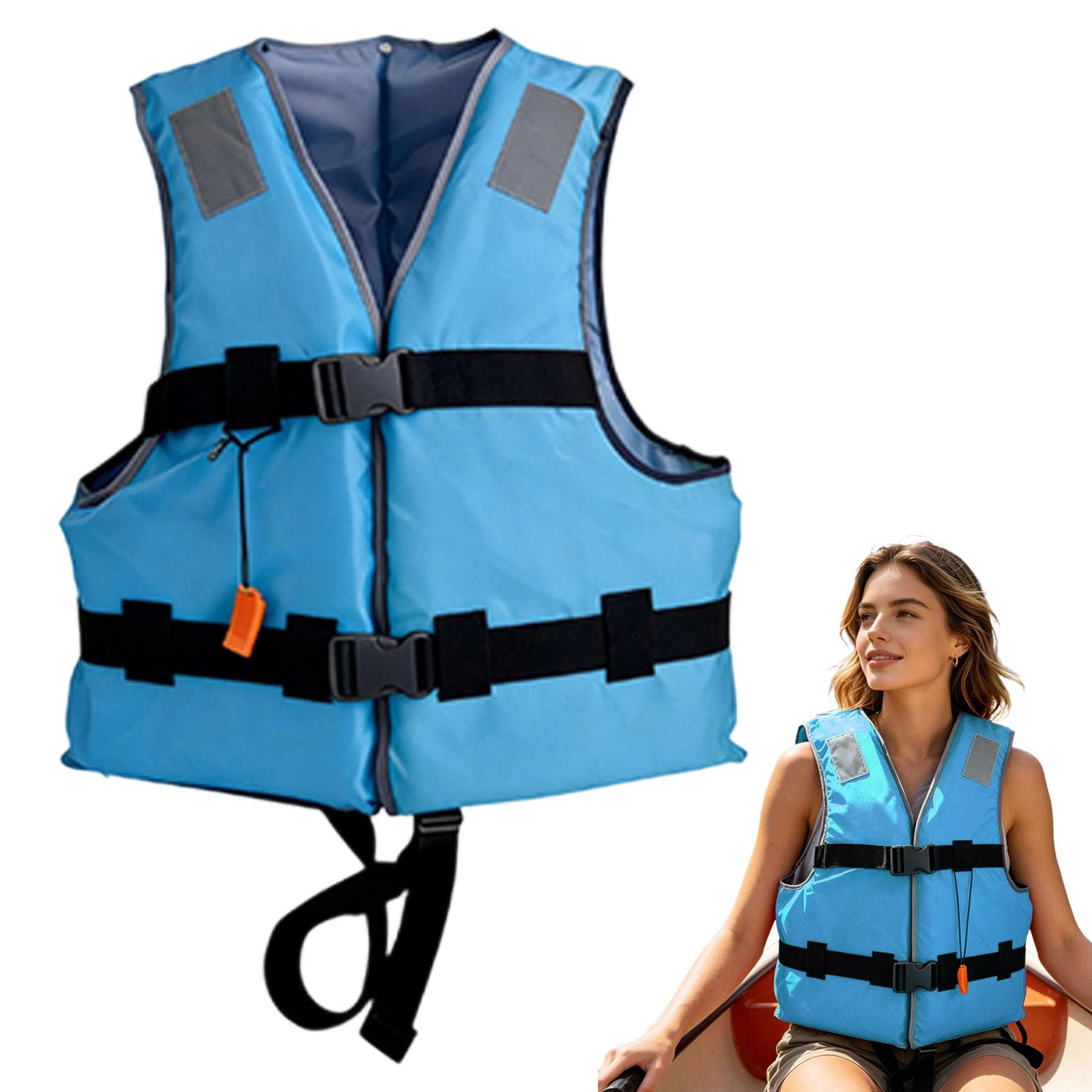 High Buoyancy Floatation Vest for Adults - Adjustable Rescue Life Jacket for Emergency Flood Preparedness & Watersports - Lightweight Safety Jacket with Reflective Strips & Whistle (Blue, L)