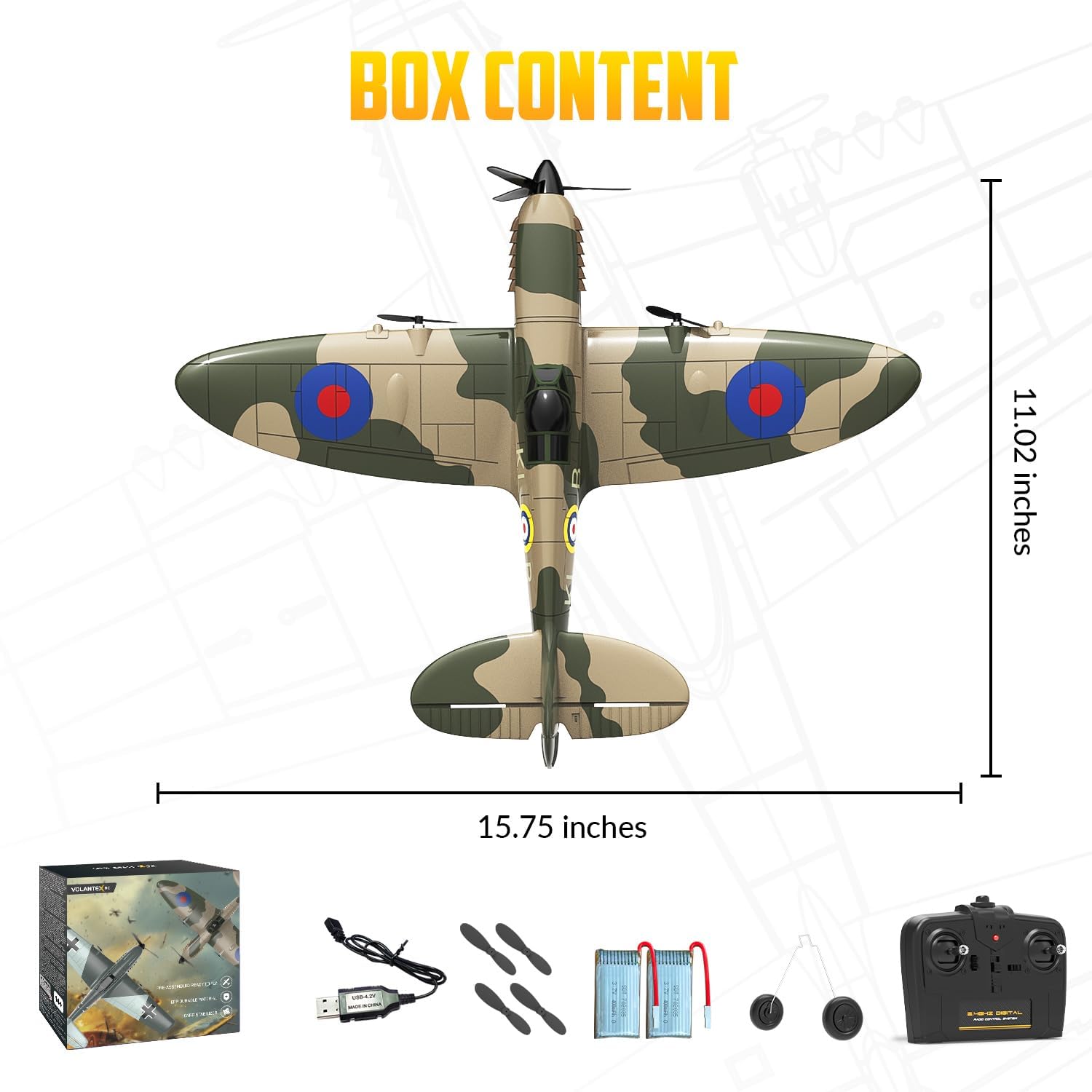volantexrc Spitfire 3 canali Aereo Radiocomandato RTF con 2 Batterie 3CH RC Plane RTF RC Giocattolo aliante per Principianti, Bambini, Adulti