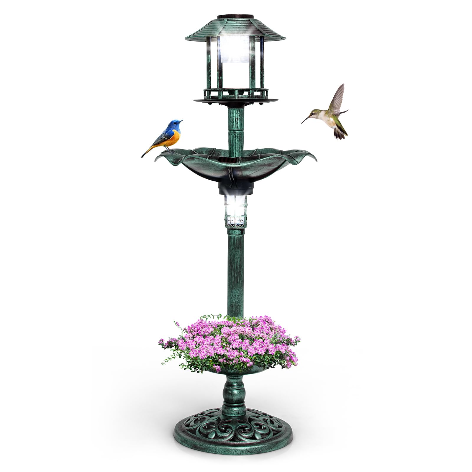 COSTWAY Comedero Pájaros Exterior con 2 Luces LED Solares, Bebedero Pájaros Decorativo con Macetero de Flores, Comedero y Soporte Rellenable, Alimentador para Aves de PP para Jardín (Verde Cobre)