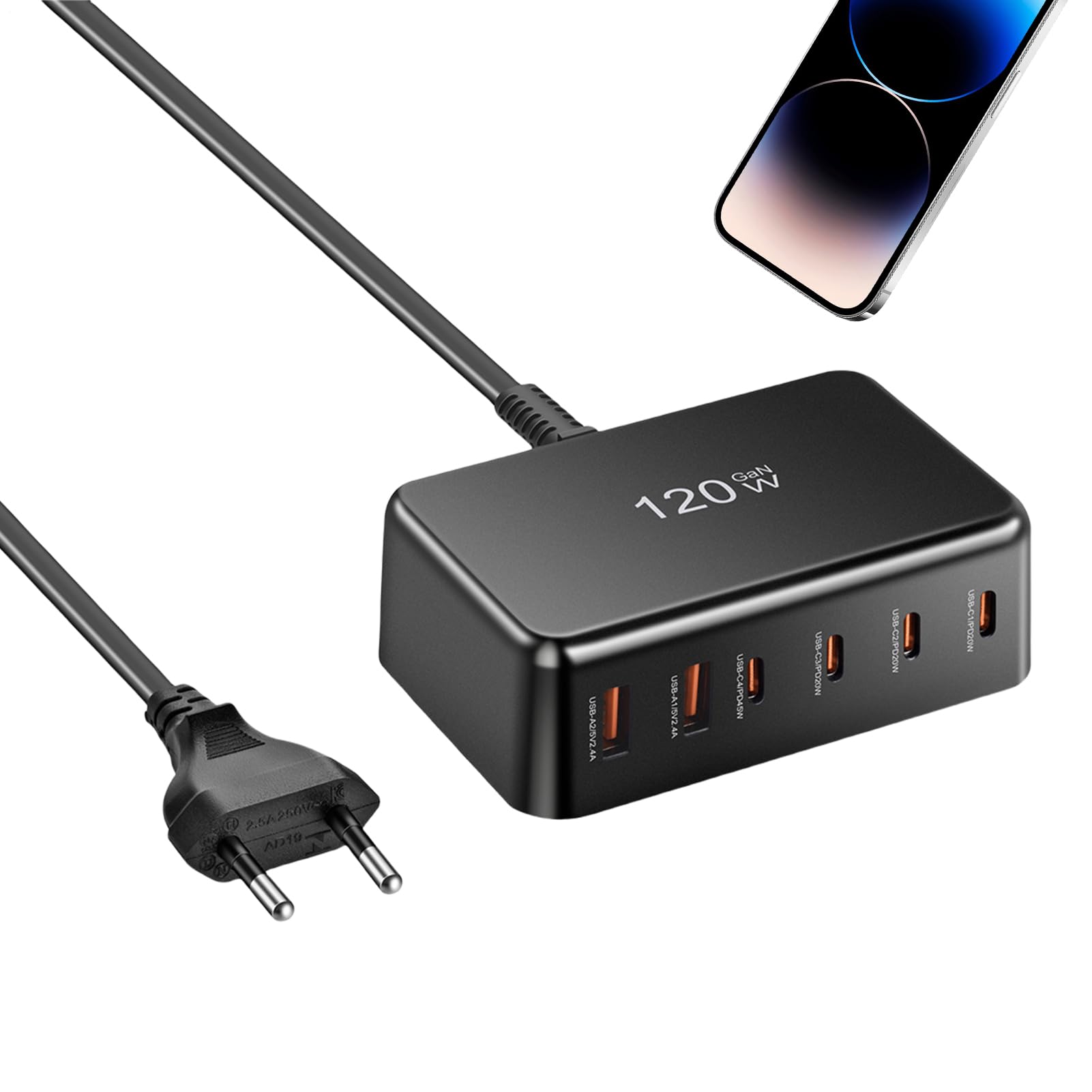 Caricatore Rapido USB C Caricatore da Viaggio per Cellulare | Dispositivo di Ricarica Rapida da 120W 6 Porte per Utenti di Dispositivi Mobili e Persone Attive Viaggiatori