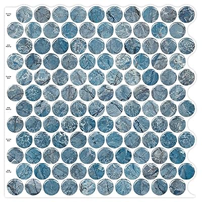 Artemuro 10-Sheets Peel and Stick Backsplash Tile - Penny Round Blue Marble Self Adhesive Tiles 12X12 Inches 3D Decorative Wall Sticker Stick on Backsplash for Kitchen,Bathroom (Blue Luxury Marble)