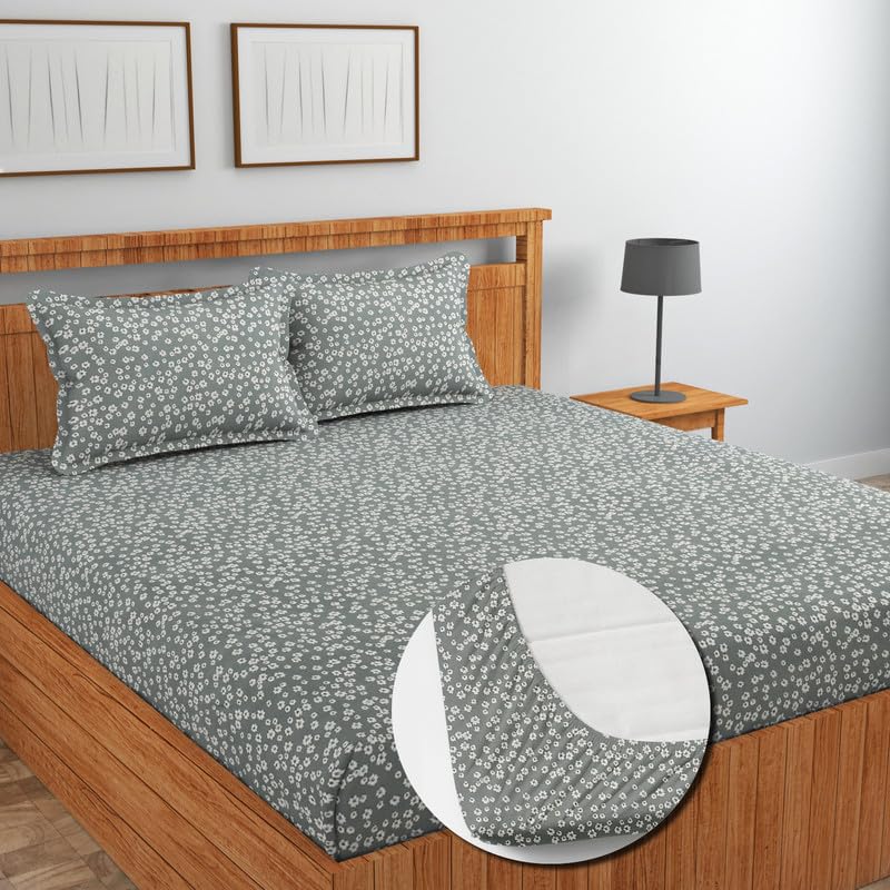 Image of NEW LEAF Glace Cotton Fitted King Size Double Bedsheets with 2 Pillow Covers | Elastic Fitted | Wrinklefree | Ultrasoft |Winter Bedsheet 220 tc tc Floral | 78 x 72+10 Inches, Grey