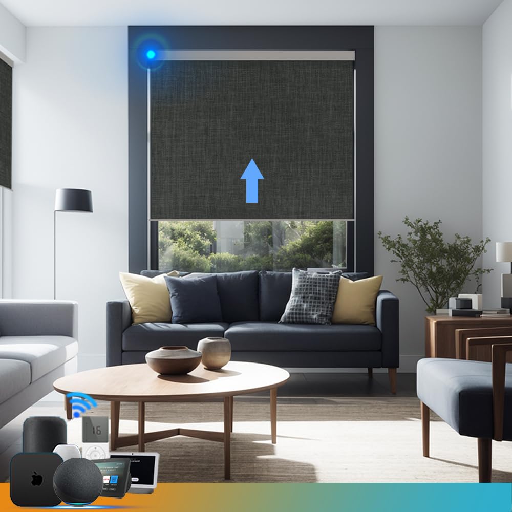 Motorized Blinds with Remote Smart Full Blackout Roller Blinds Work with Homekit Alexa Google Home Cordless Automatic Window Electric Shades Customize (3-Layer Dark Grey)
