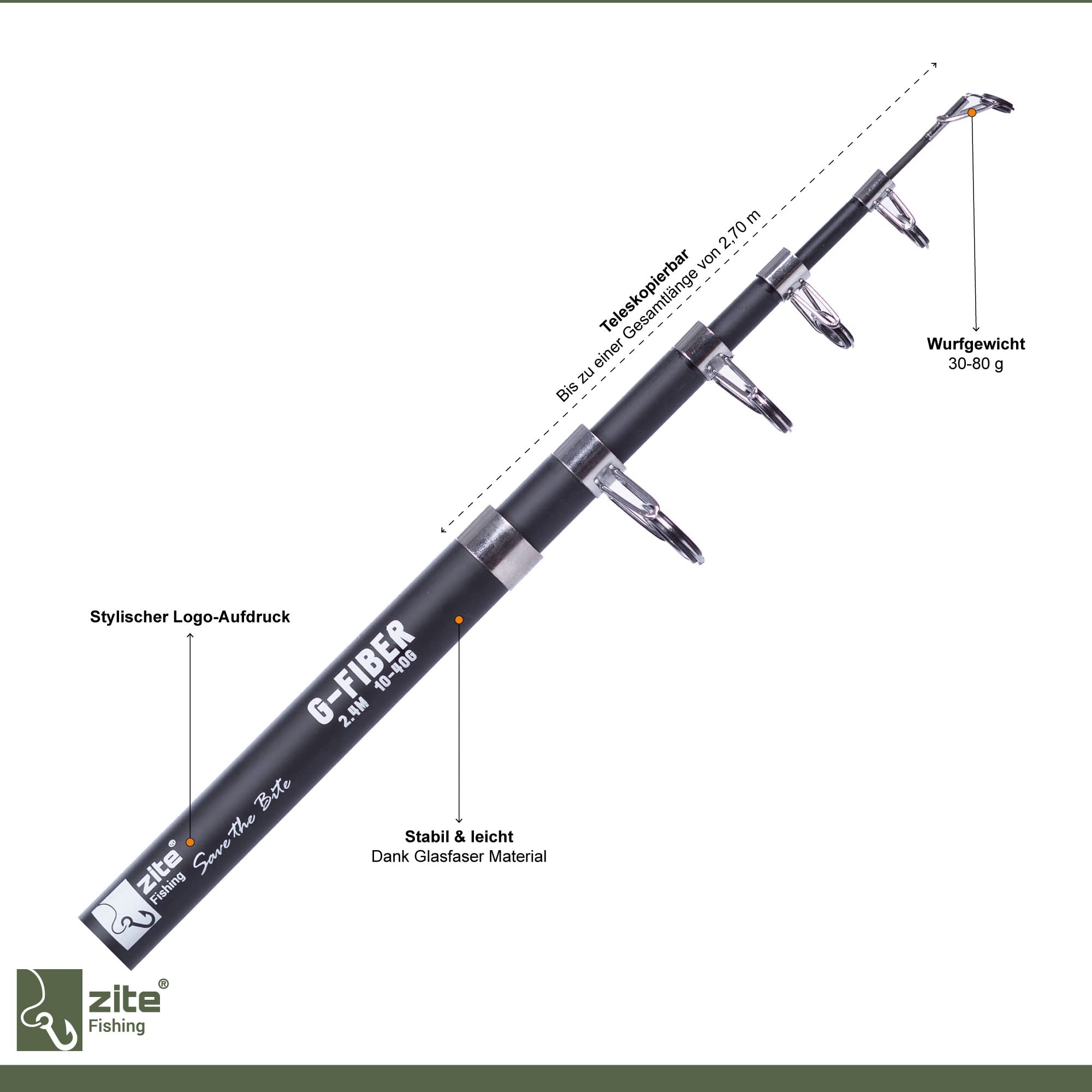 Zite Fishing Kit de pêche à la Carpe, à l'anguille, au Sandre, Canne à pêche télescopique 2,70 m – Moulinets de pêche à la Roue Libre – Sac pour Canne à pêche 100 cm
