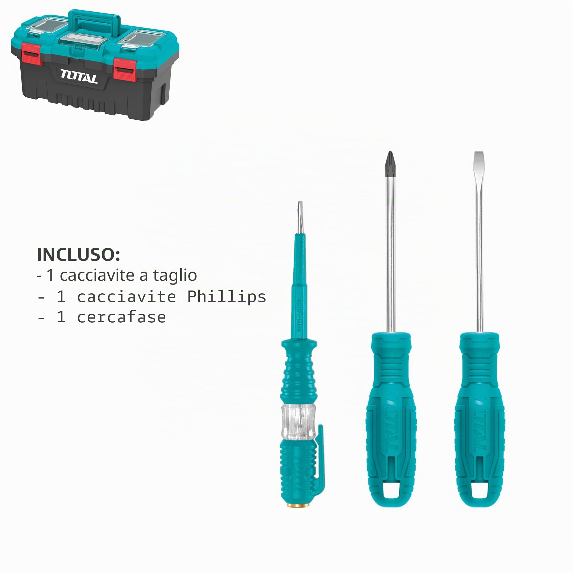 TOTAL - Cassetta degli attrezzi completa 32 pezzi | Pinza, chiave inglese, cacciavite e martello con estrattore per chiodi | Flessometro, punte e arco | Tester di tensione | Valigetta 17" (43 cm)