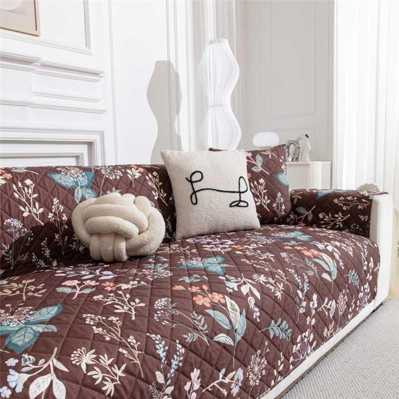 Image of HOMETHREADS Premium Style Anti Slip Sofa Cover Set | Cotton Sofa Slipcover | 1Pc Front Cover with Attached Armrest + 1Pc Back Cover (Dark Brown Flower, 3 Seater | 175x185cm)
