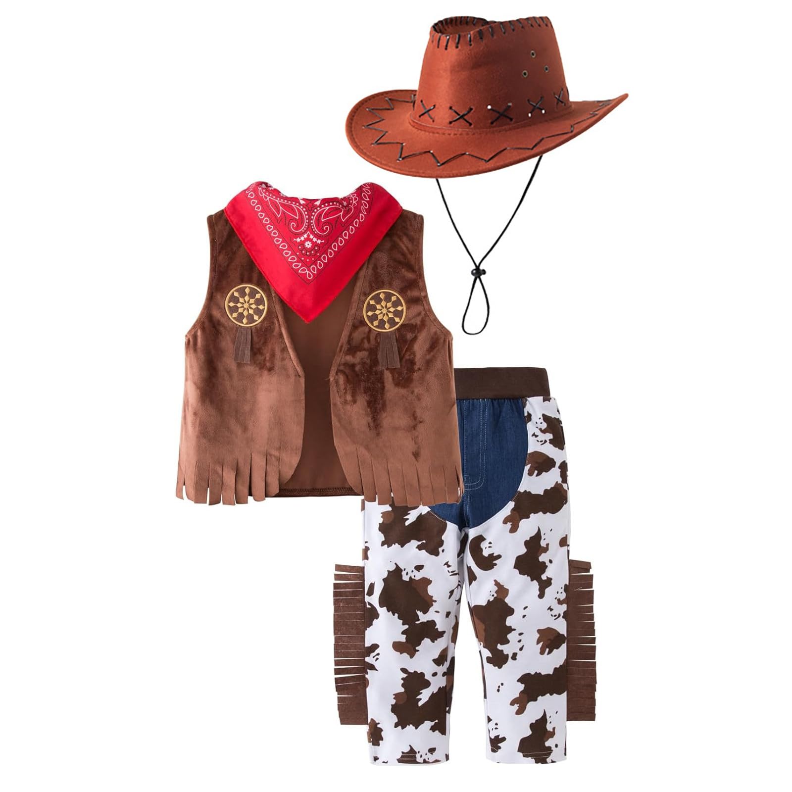 Deguisement Costume de Cowboy avec Bandana Rouge, Pantalon, Gilet et Chapeau, Déguisement Cowboy Enfant Garcon, Garçon Déguisements Cowboys Costume Barboteuse Carnaval Tenues Halloween Noël