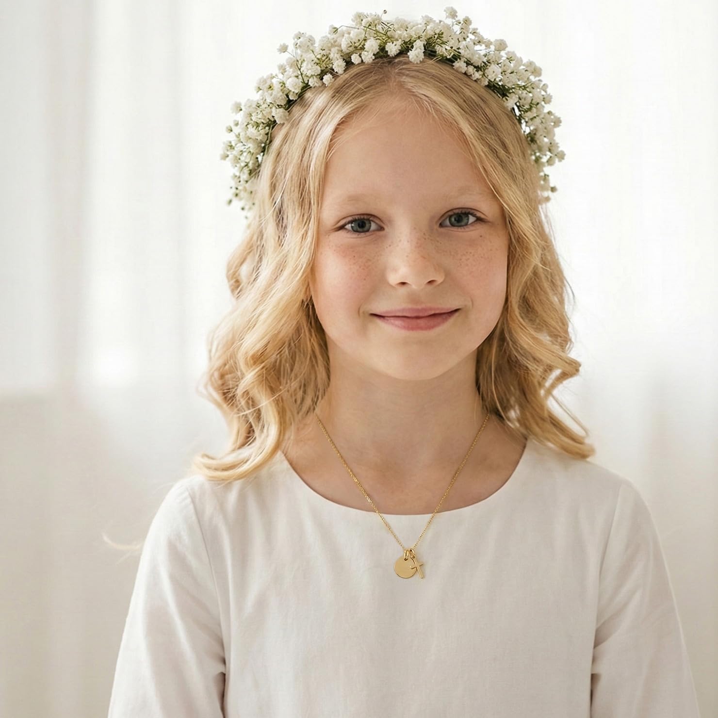 Amoonìc Taufkette mit Kreuz | Personalisierte Kette für Mädchen Jungen Baby Kinder mit Gravur Namen | Geschenk zur Taufe und Kommunion Taufgeschenk Patenkind | Kinderkette Namenskette.