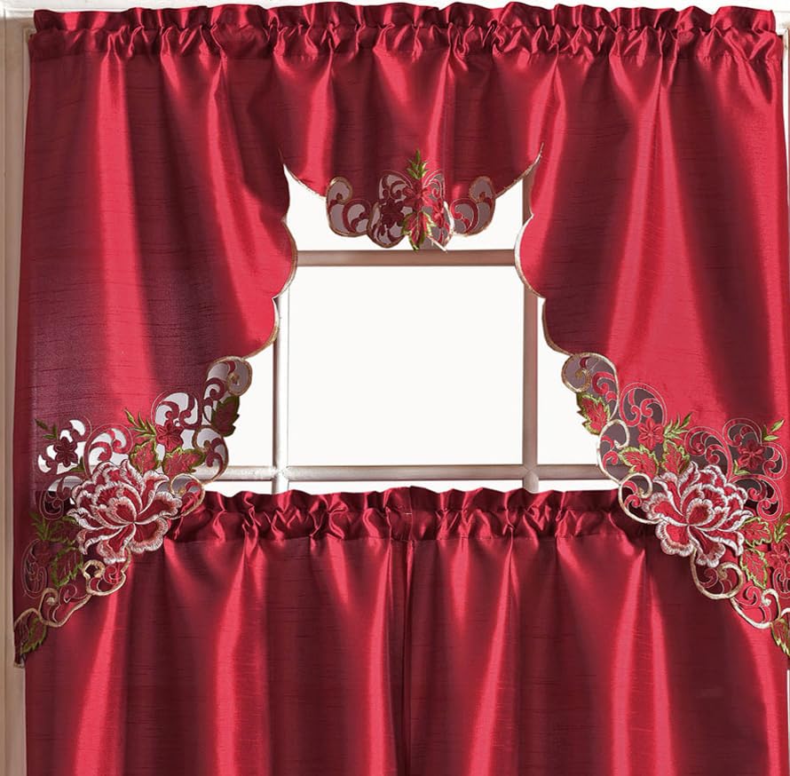 GOHD Passionate Bloom Kitchen Curtain Swag Valance and Tier Set Nice Embroidery on Faux Silk Fabric with cutworks (Burgundy)