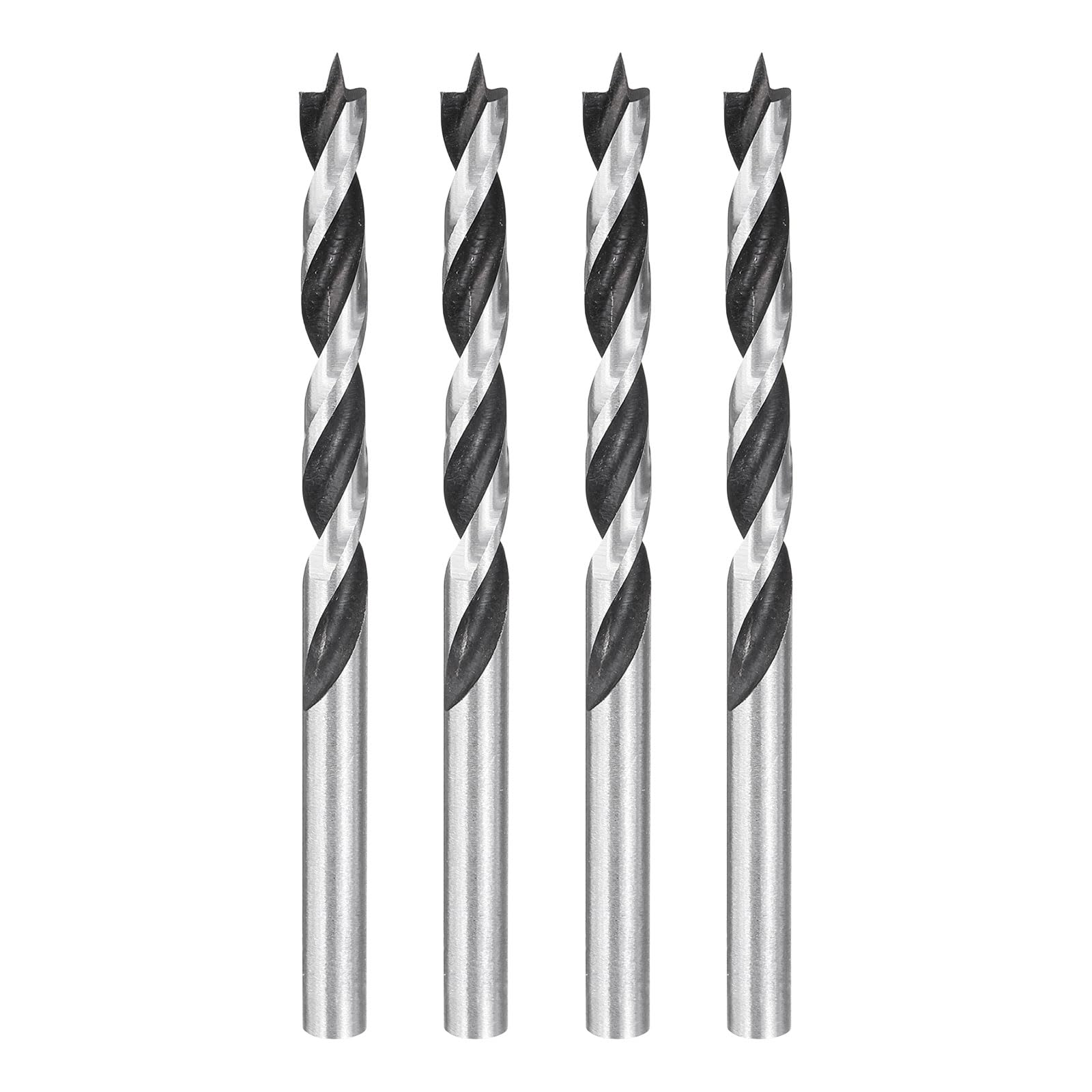 sourcing map 4pcs Brad Point Drill Bits 6mm(15/64") Dia Straight Round Shank Metric Brad Point Spiral Twist Drill Bits for Softwood Hardwood Plywood Plastic Rubber, Silver Tone