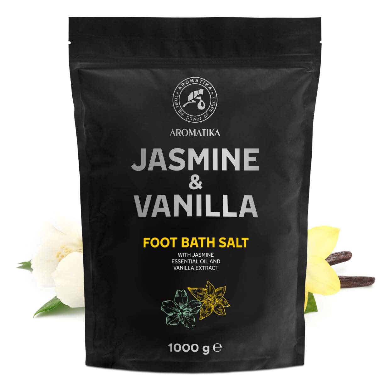 Sal de Baño para Pies Jazmín Vainilla 1000g Sal Marina Natural con Aceite Esencial de Jazmín y Extracto de Vainilla Cuidado de Pies