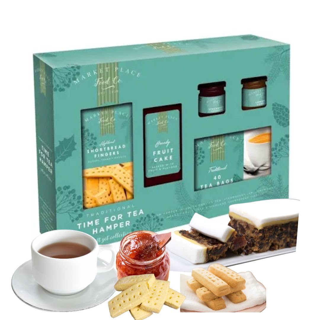 Mother's Day Tea Hamper -Afternoon Tea gift set with Shortbread Biscuits, 40 Tea bags, Brandy Fruit cake and Jam Preserve - Gift for Mum, Wife, Granma