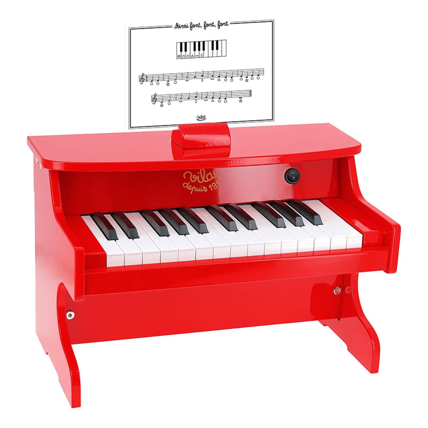 Vilac - Piano Electronique - Instrument de Musique - Jouet Educatif en Bois - Partitions Incluses - 25 Touches - Rouge - pour Enfants à Partir de 3 Ans