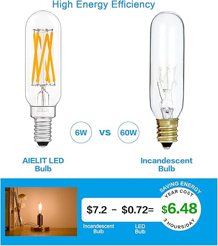 Miniatura 20 de Bombilla LED E12 (regulable 0 – 100%), bombillas de luz T8 de Aielit, 4 W equivalentes a 40 W incandescente, filamento vintage, bombilla de 4 W = 40