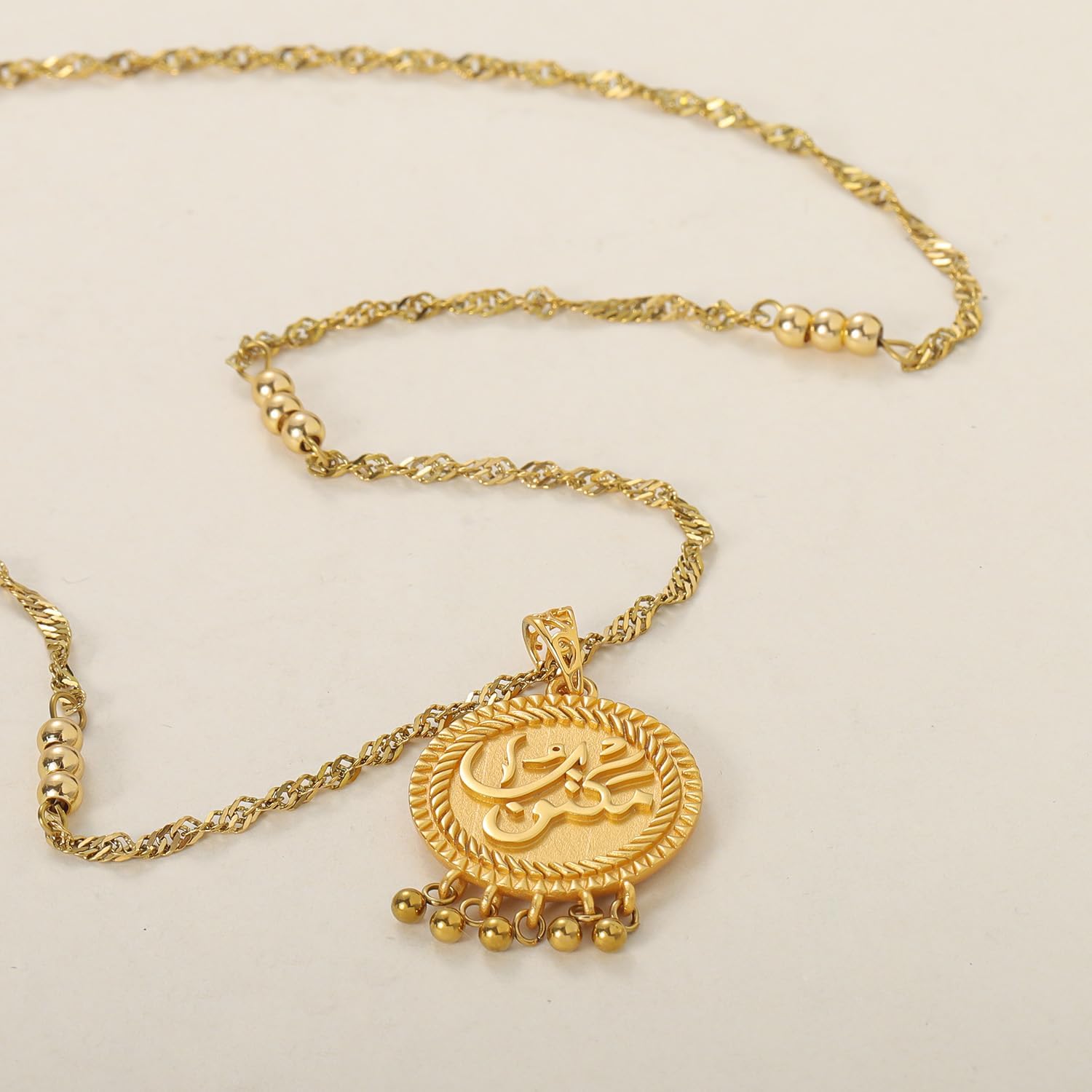 Maktub Coin Necklace Vintage Arabic Amulet Pendant Spiritual Jewelry for Men and Women Antique Gold Chain Handmade Destiny Talisman Retro Gift for Him or Her Boho Minimalist Style