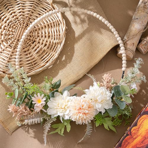 KHOYIME Artificial Flower Wreath for Front Door Floral Hoop Wreath Decor with Wood Beads Milk White Flowers Green Leaves Spring Summer Home Decor Wall Window Wedding Party Hanging Decorations