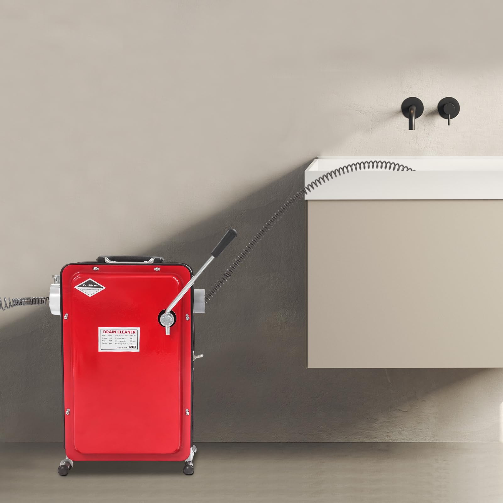 Elektrische Rohrreinigungsmaschine 240W Abflussreiniger 22.5m Spirale Rot | 400 U/min Kupfermotor, 6 Schneidköpfe für Rohre 20-100mm, IP44 Schutz, T-Füße, abnehmbarer Hebel, inklusive Handschuhe