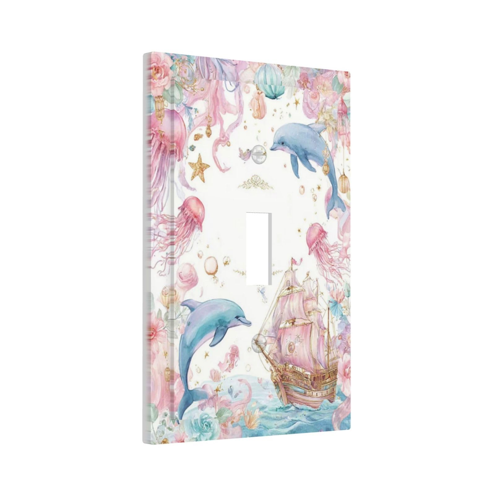 Yamxbfa Decorative Light Switch Cover Plate Whimsical Pink Pirate Ship Dolphin Jellyfish 1 Gang Single Toggle Wall Plates for Electrical Outlet Covers Switch Plate Covers Faceplate for Nursery Decor