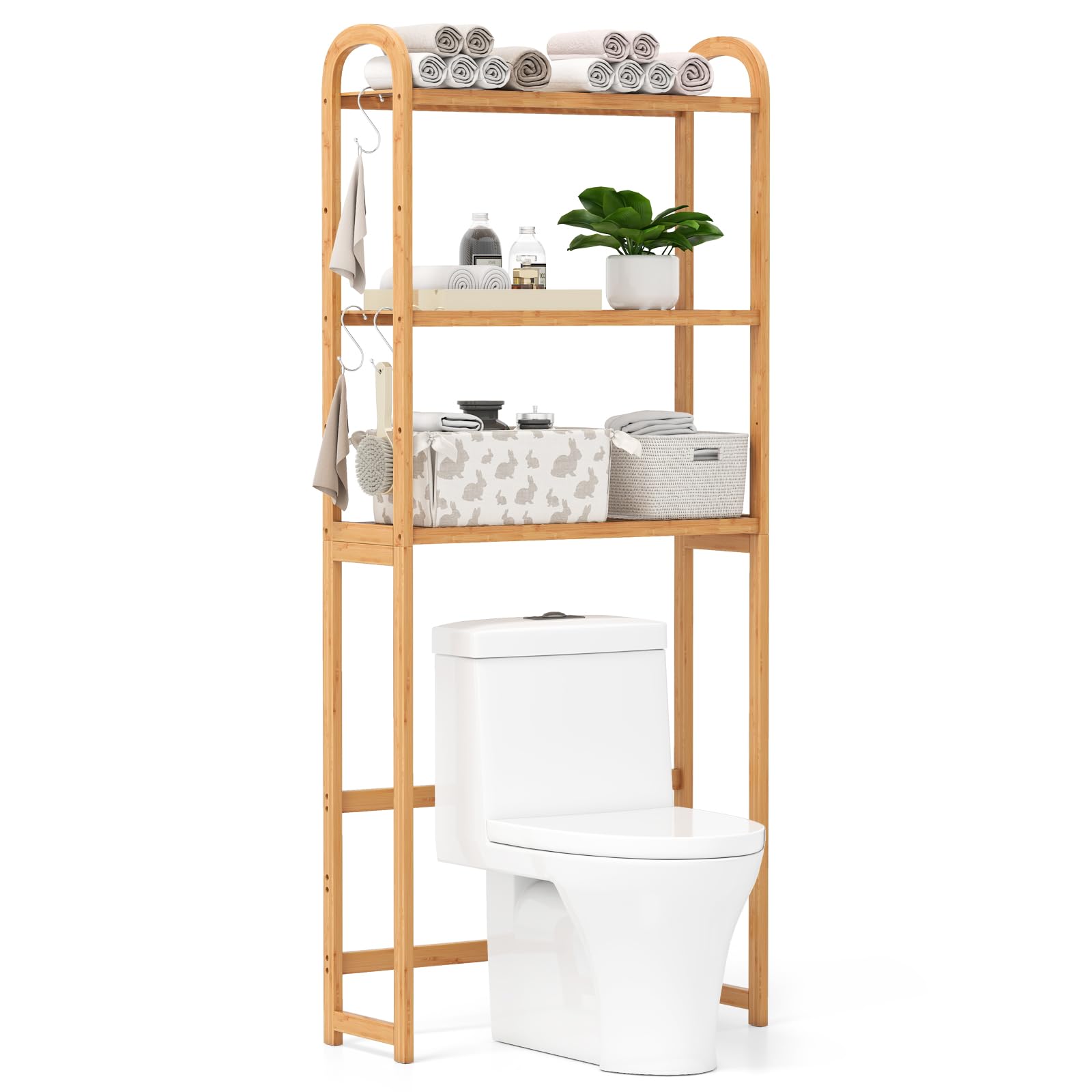 COSTWAY Estantería de Almacenamiento sobre Inodoro, Organizador de Baño de Bambú de 3 Niveles con Estantes de 5 Posiciones, 3 Ganchos, Barra Inferior Ajustable, Ahorra Espacio para Cuarto de Lavado