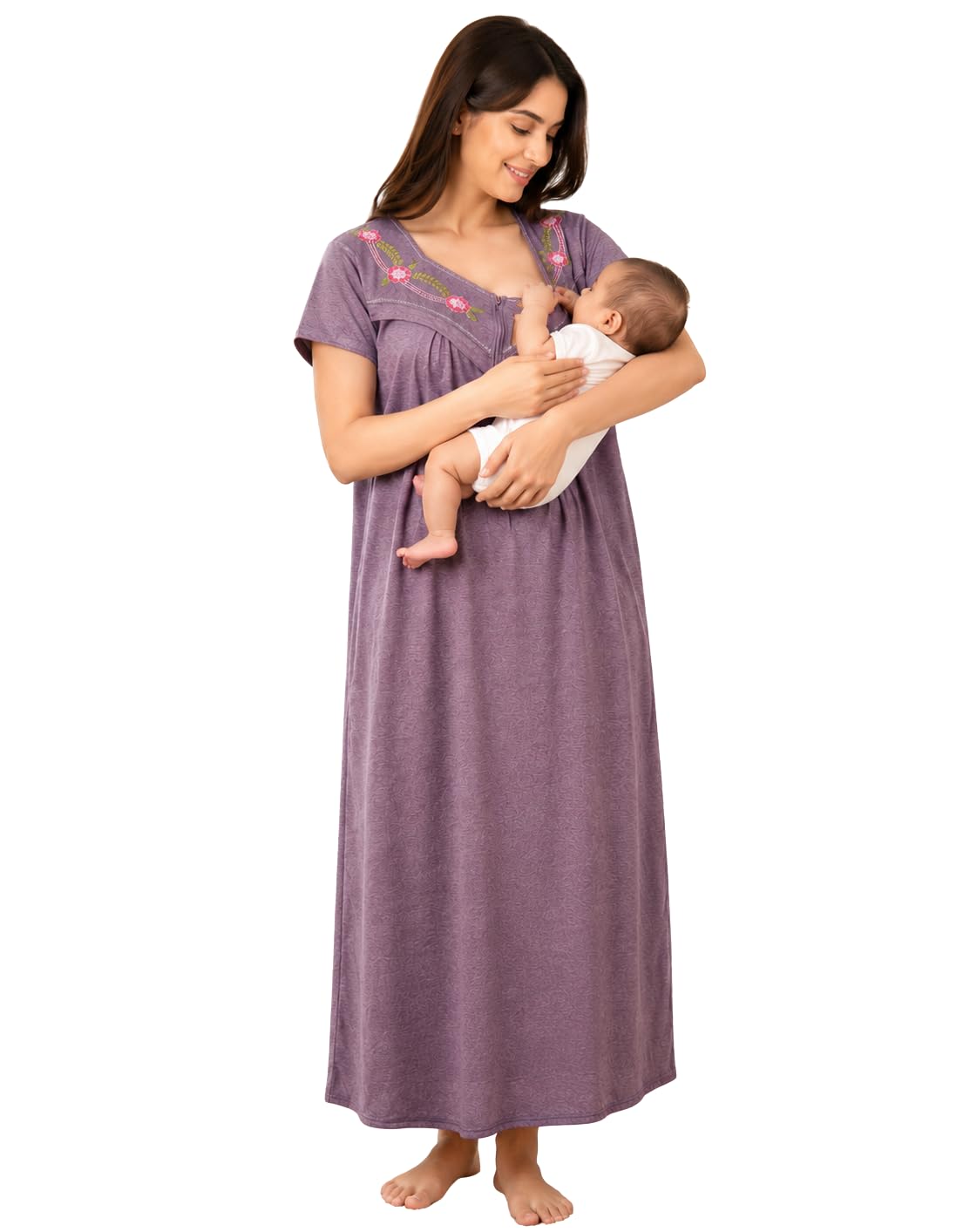 Women's Maternity - Feeding - Nighty | Full Sleeves | Floral Print Maxi | Embroidery Work On Neck with Zip Closure-image-7
