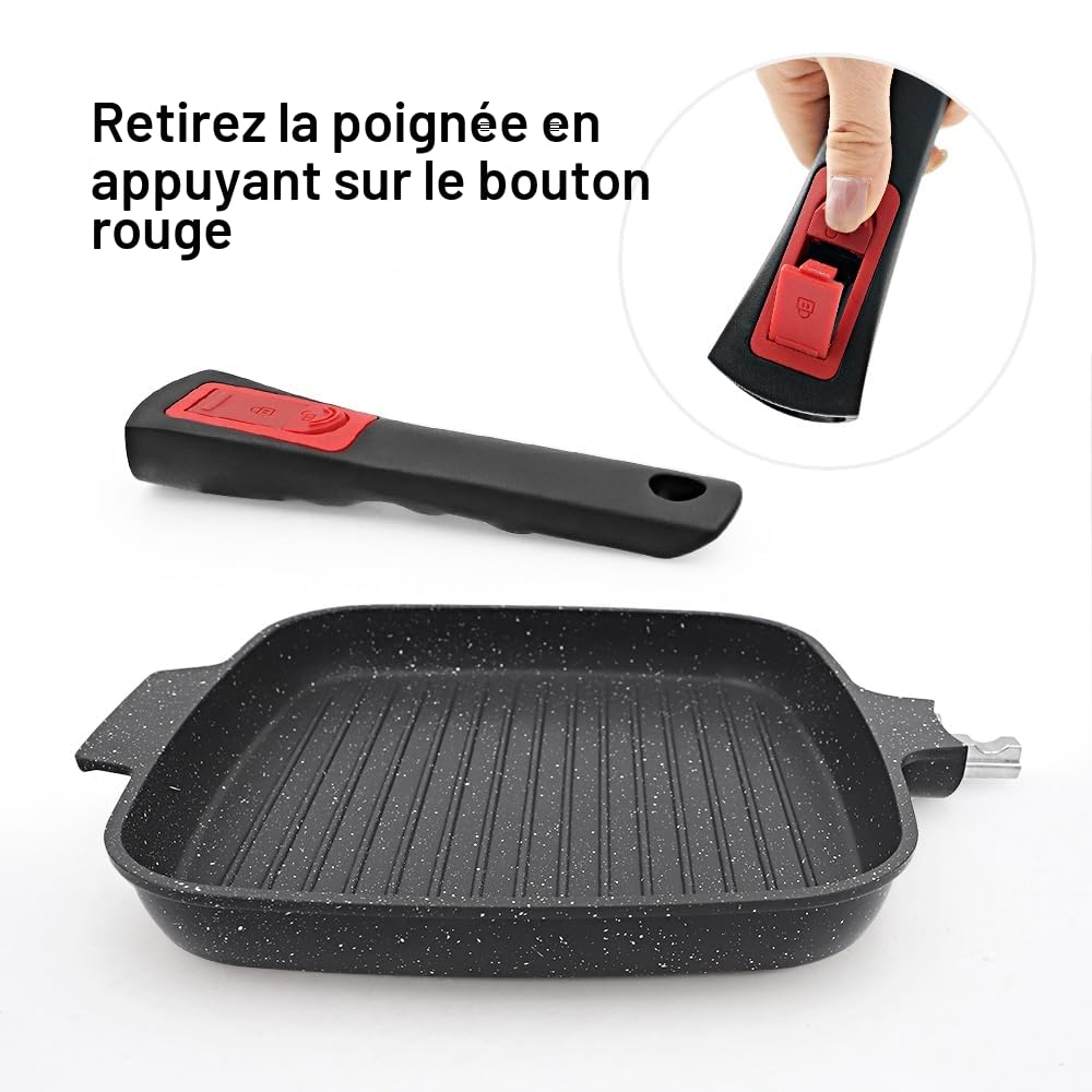 RANX INGST Poêle Grill avec Poignée Amovible, 26 x 24 cm Poêle à Griller avec Couvercle en Aluminium Antiadhésive Compatible Tous feux dont Induction - Noir