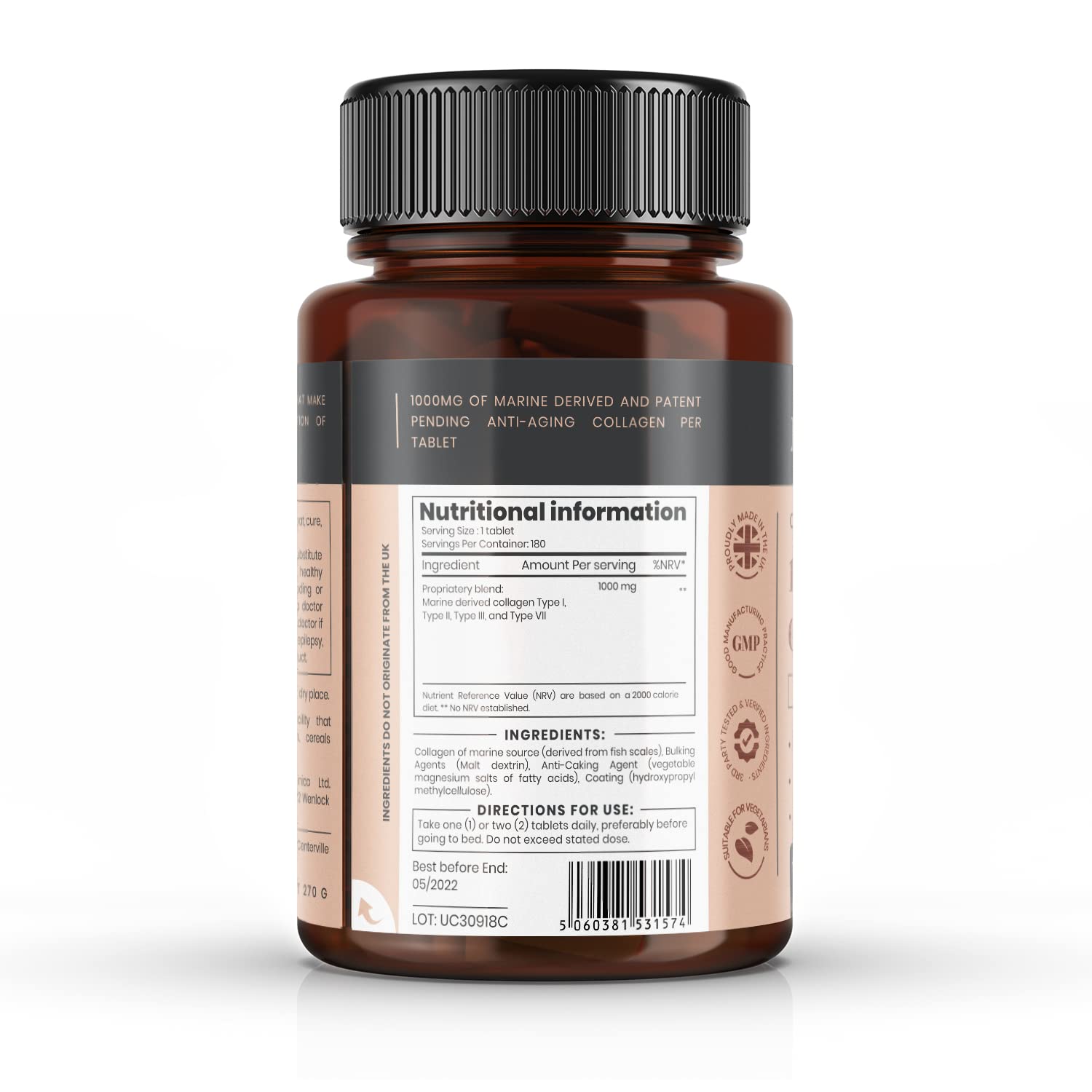 Collagene marino UltraColl 1000mg x 720 compresse (4 bottiglie da 180 compresse - 1-2 anni di fornitura). L'unico collagene anti-invecchiamento brevettato di tipo I, II, III e VII