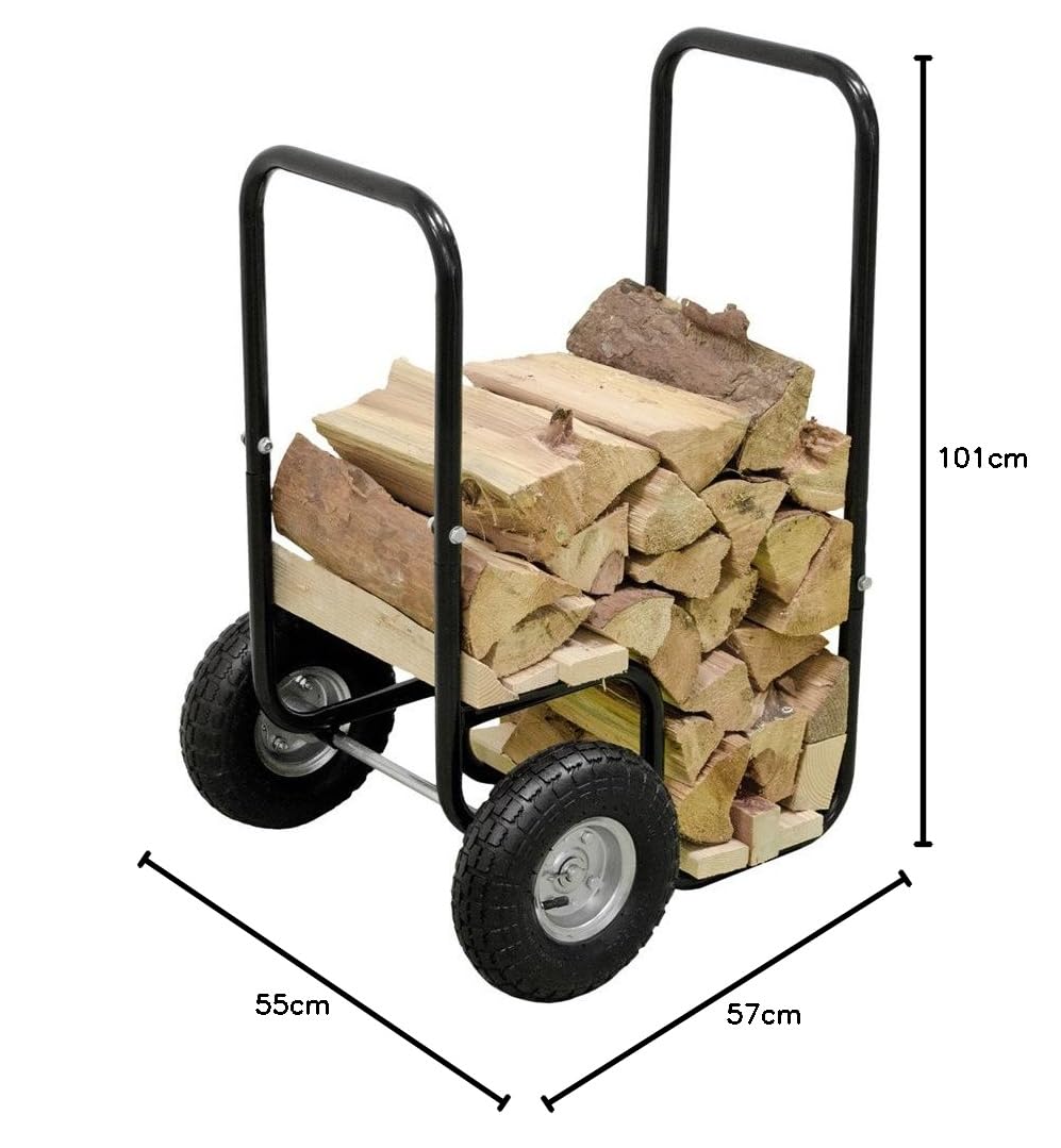 TP Wózek na drewno kominkowe 57 × 55 × 101 cm / czarny wózek na drewno opałowe i regał ze stali z 2 oponami pneumatycznymi o nośności do 80 kg – wózek transportowy