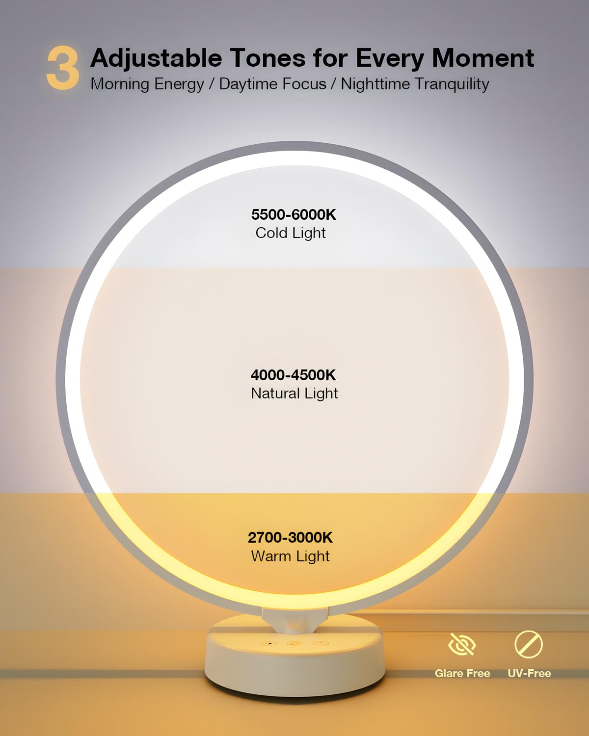 Lámpara solar de terapia de luz de 10000 lux, sin rayos UV con control remoto, 3 temperaturas de color, 4 niveles de brillo y temporizador, luz solar de temporada para el hogar, la oficina