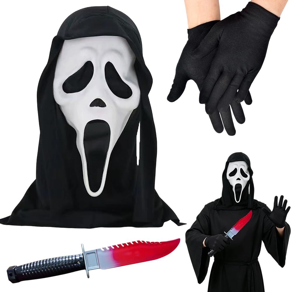 Spiritzohic Halloween Horror Scream Mask for Adults, Ghost Face Mask Latex Horror Creepy Face Mask Halloween Costume Carnival Cosplay Party Props Covering for Adults-A