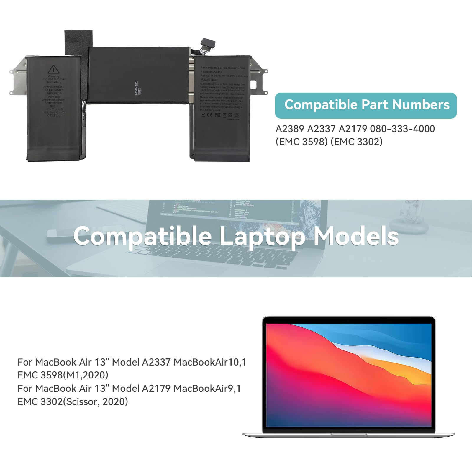 K KYUER A2389 Laptop Batería para MacBook Air 13" Model A2337 (M1, Late 2020) EMC 3598 MacBookAir10,1 MGN53LL/A MGN83LL/A MGN63LL/A MGN93LL/A MGN73LL/A MGNA3LL/A MGND3LL/A MGNE3LL/A MGN93B/A MGN63B/A