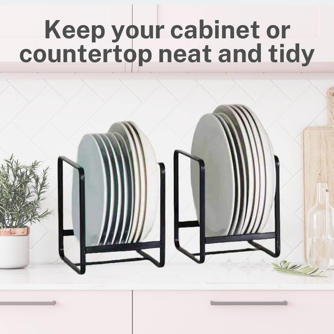 iDream Plate Organizer Rack for Cabinet & Countertop – Metal Vertical Holders for Plates, Lids, Cutting Boards – Space-Saving Dish Storage, Black Finish (Pack of 2)