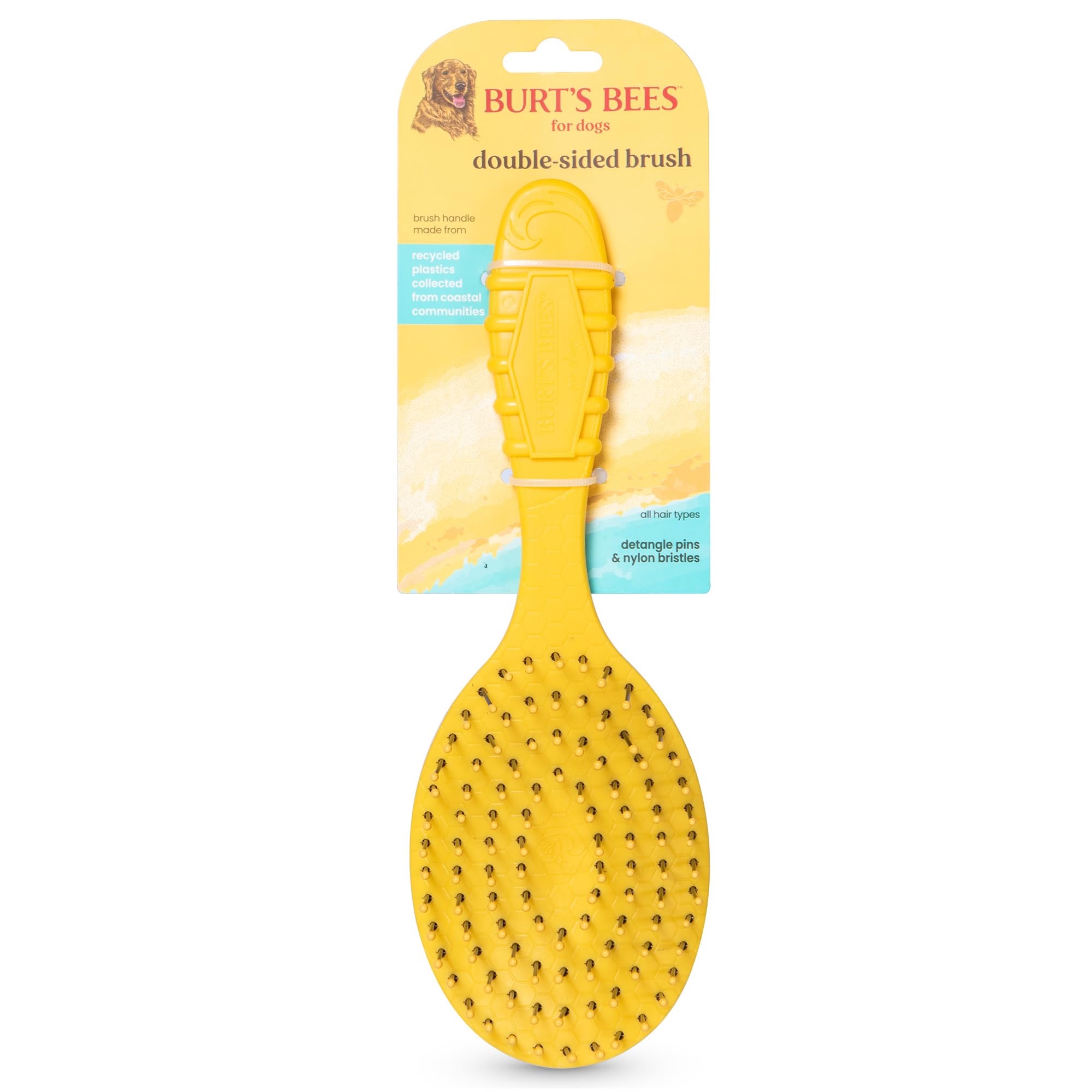 Burt's Bees Cepillo de doble cara para perros grandes con mango hecho de 100% plástico reciclado encuadernado al océano | Cepillo para perros 2 en 1 elimina enredos mientras suaviza la piel del perro