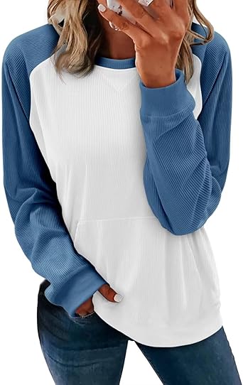 KISSMODA Women's Casual Long Sleeve Sweatshirt Color Block/Solid Crewneck Corduroy Pullover Cute Tops
