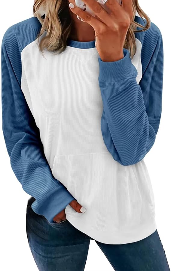 KISSMODA Women's Casual Long Sleeve Sweatshirt Color Block/Solid Crewneck Corduroy Pullover Cute Tops