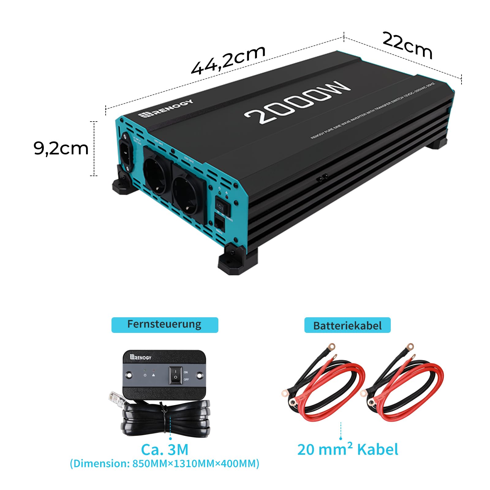 Renogy 2000W/4000W 12V auf 230V Reiner Sinus Wechselrichter mit Netzvorrangschaltung Spannungswandler mit 2 Europäische Steckdose für Haushaltsgeräten