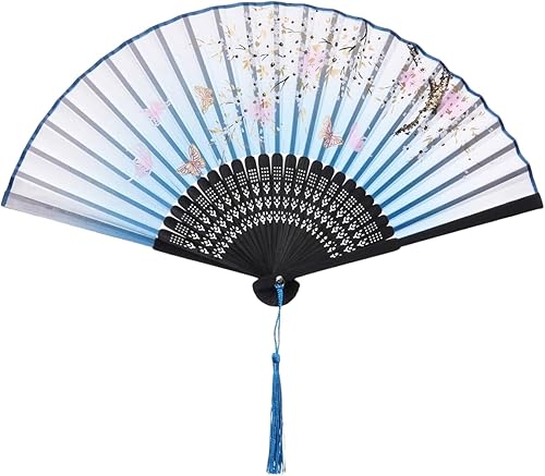 Miniatura 8 de QIRMIZI 5 ventiladores de mano Elegantes ventiladores plegables de seda con marcos de bambú, ventilador plegable de flecos huecos, ventilador de