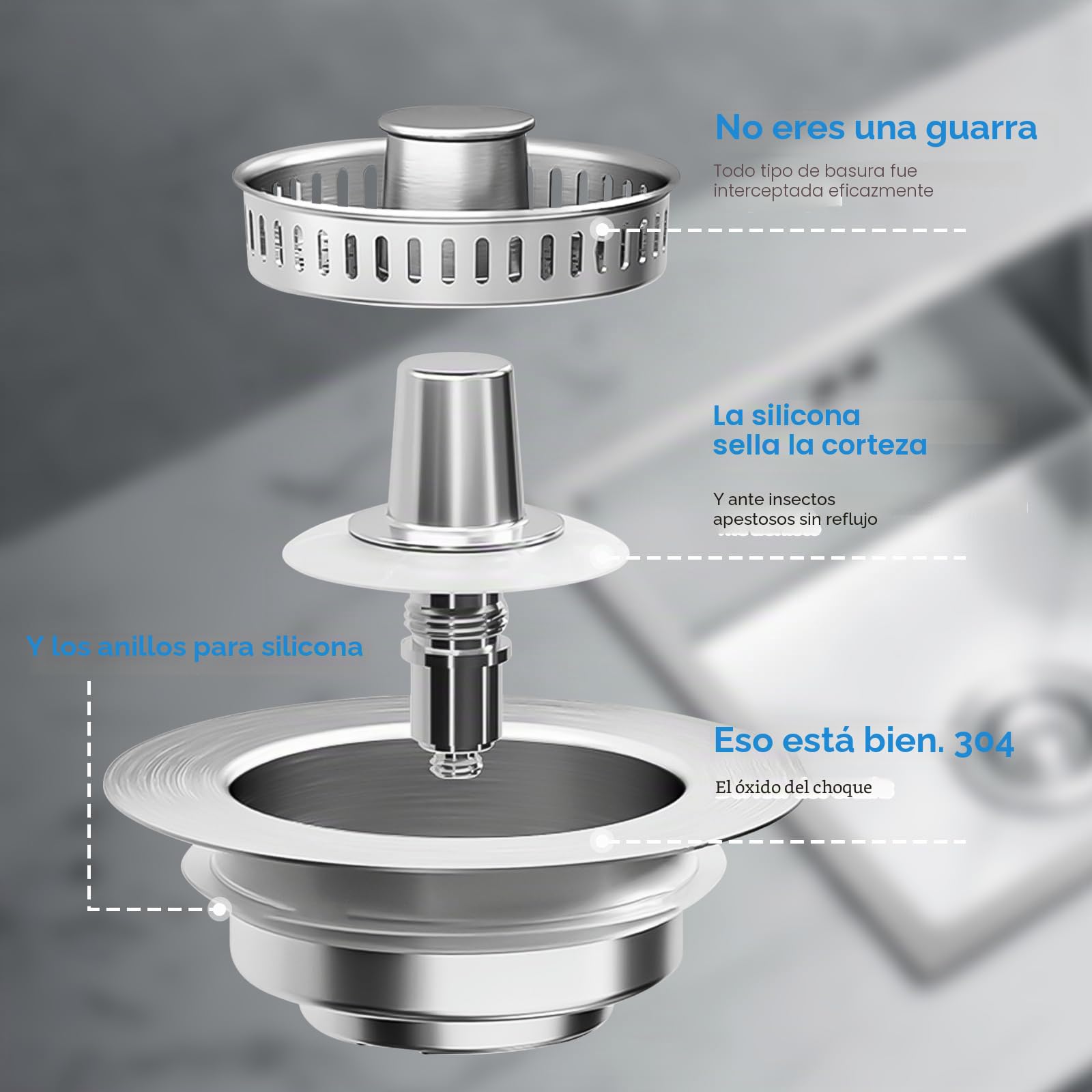 3 en 1 Tapon Fregadero Cocina de Acero Inoxidable, Tapón Fregadero Cesta Universal, Tapón Desague Fregaderos con Filtro, con Orificio de 75-86 mm
